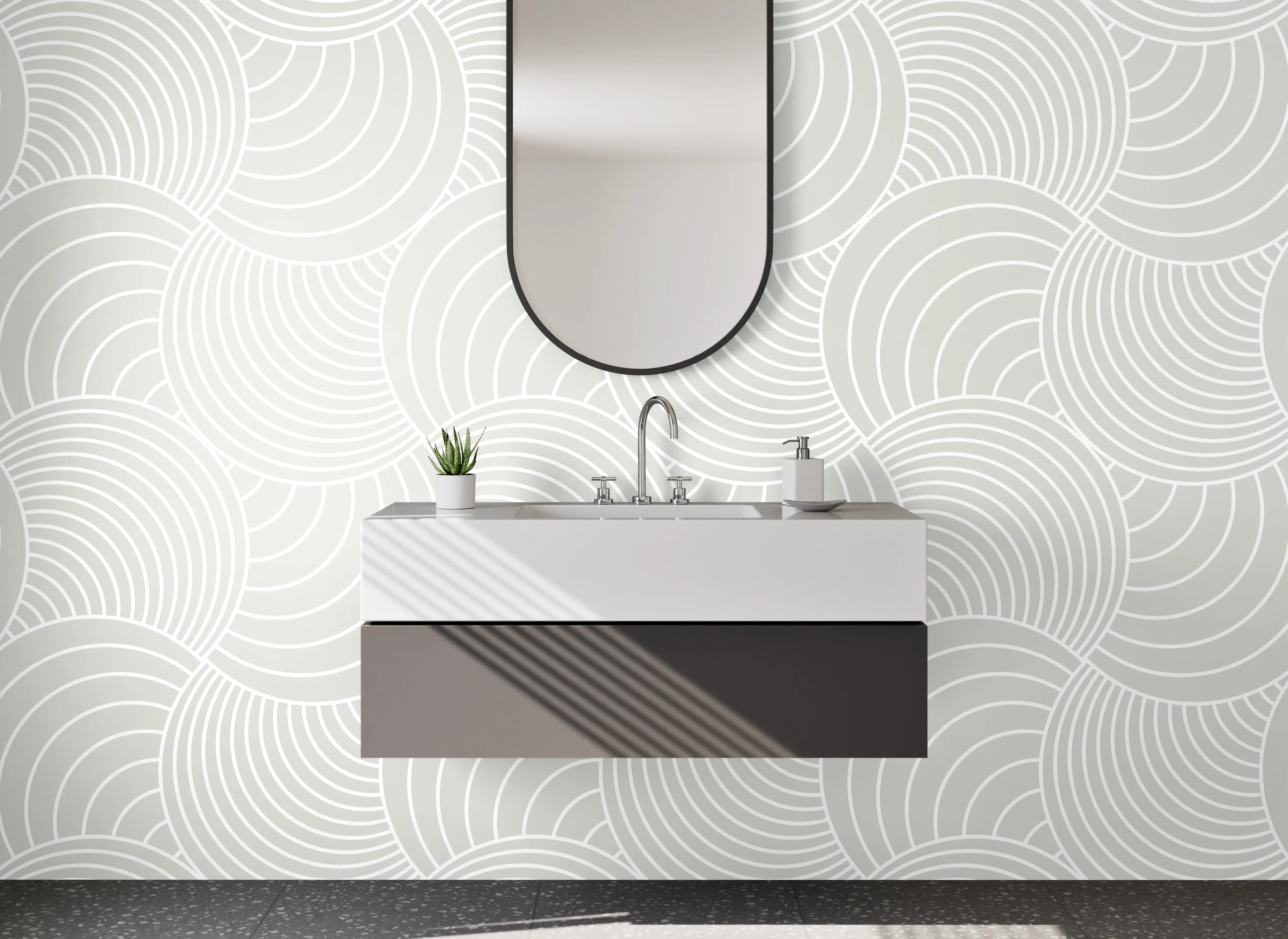 Waschbecken-Rückwand - Weiß-graues Art Deco Wellenmuster
