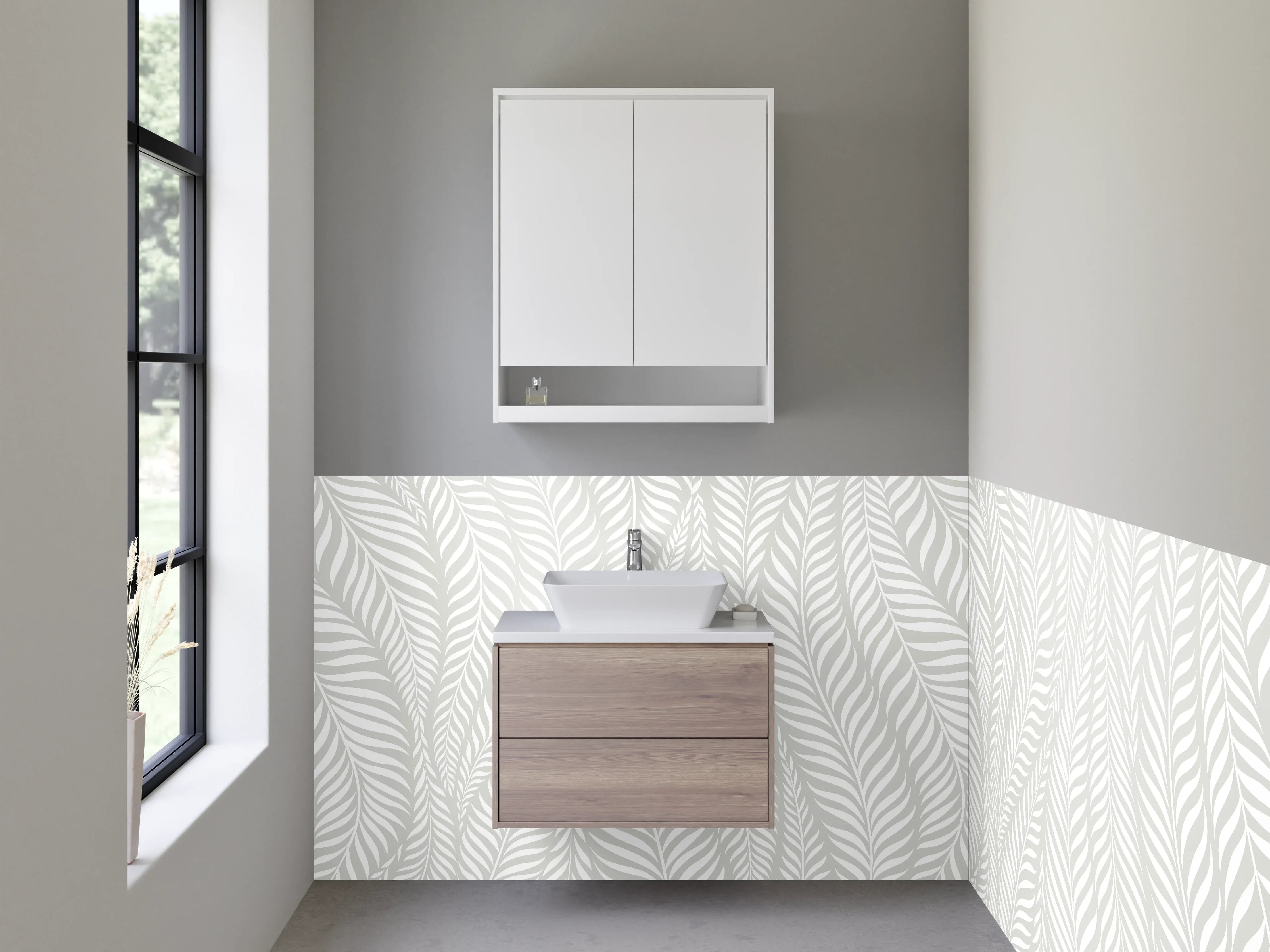 Waschbecken-Rückwand - Weiß-graues Blätter-Muster modern