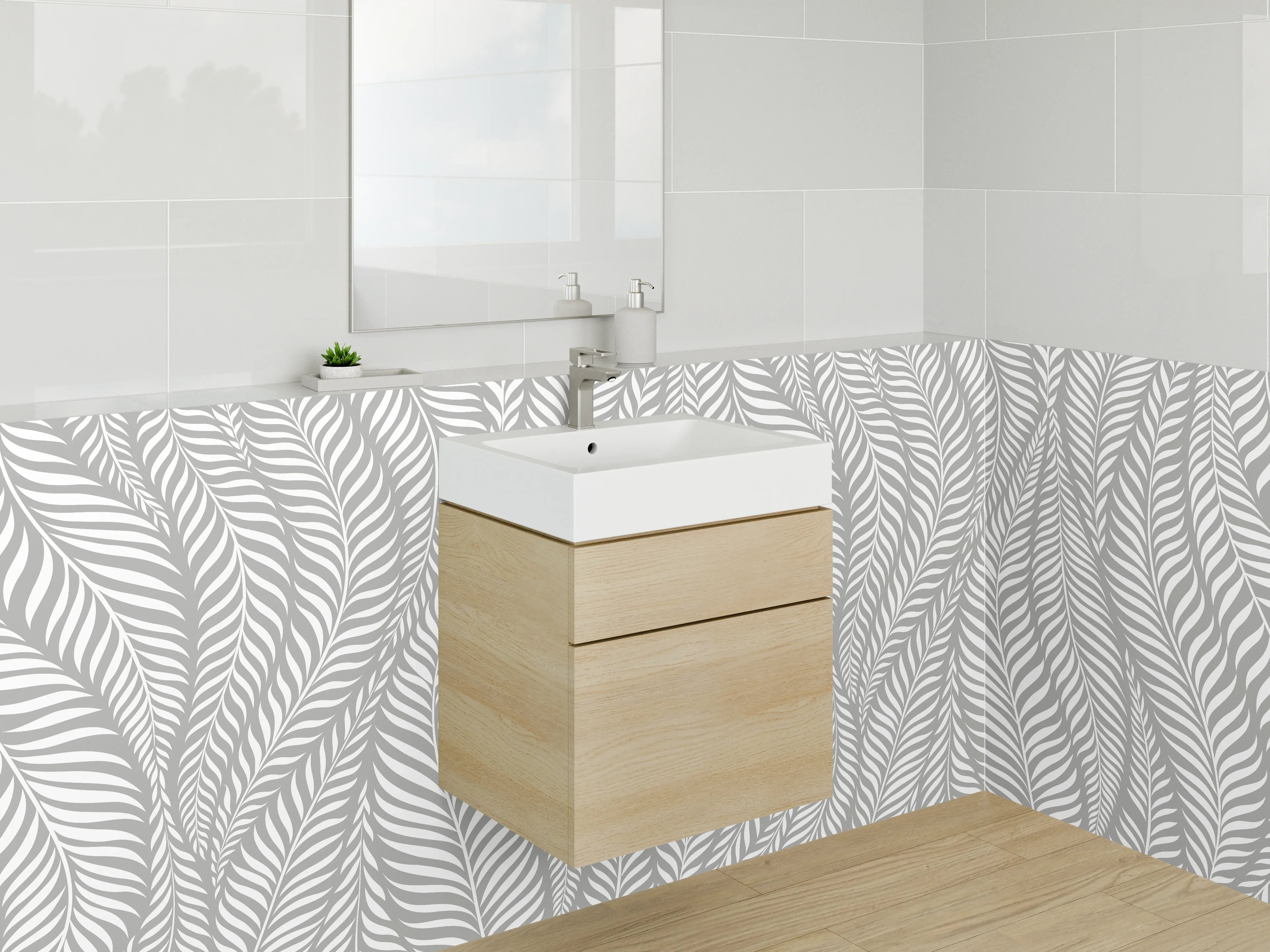 Waschbecken-Rückwand - Weiß-graues Blattmuster Modern