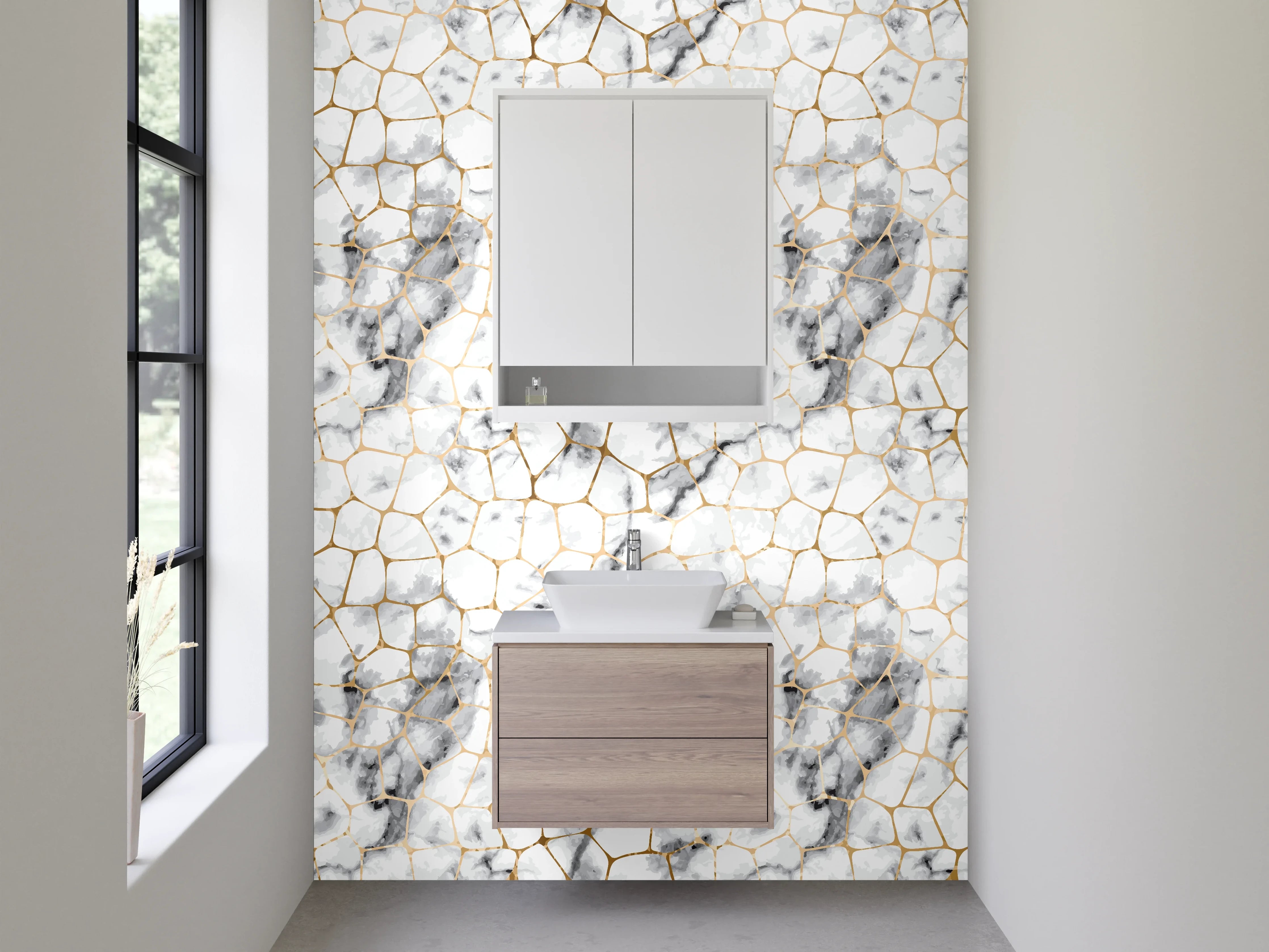 Waschbecken-Rückwand - Weiß-graues Marmor Mosaik Design