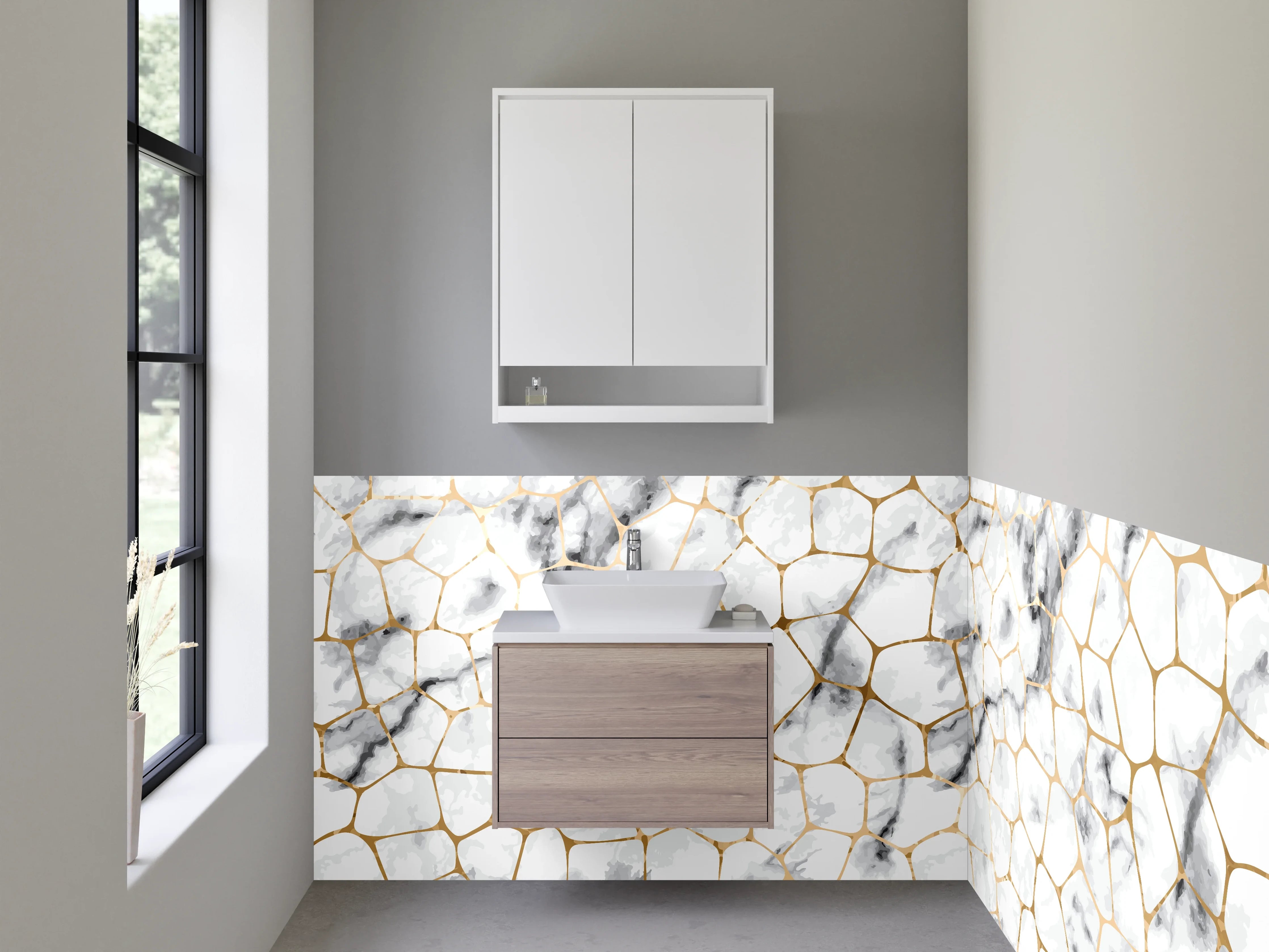 Waschbecken-Rückwand - Weiß-graues Marmor Mosaik Design