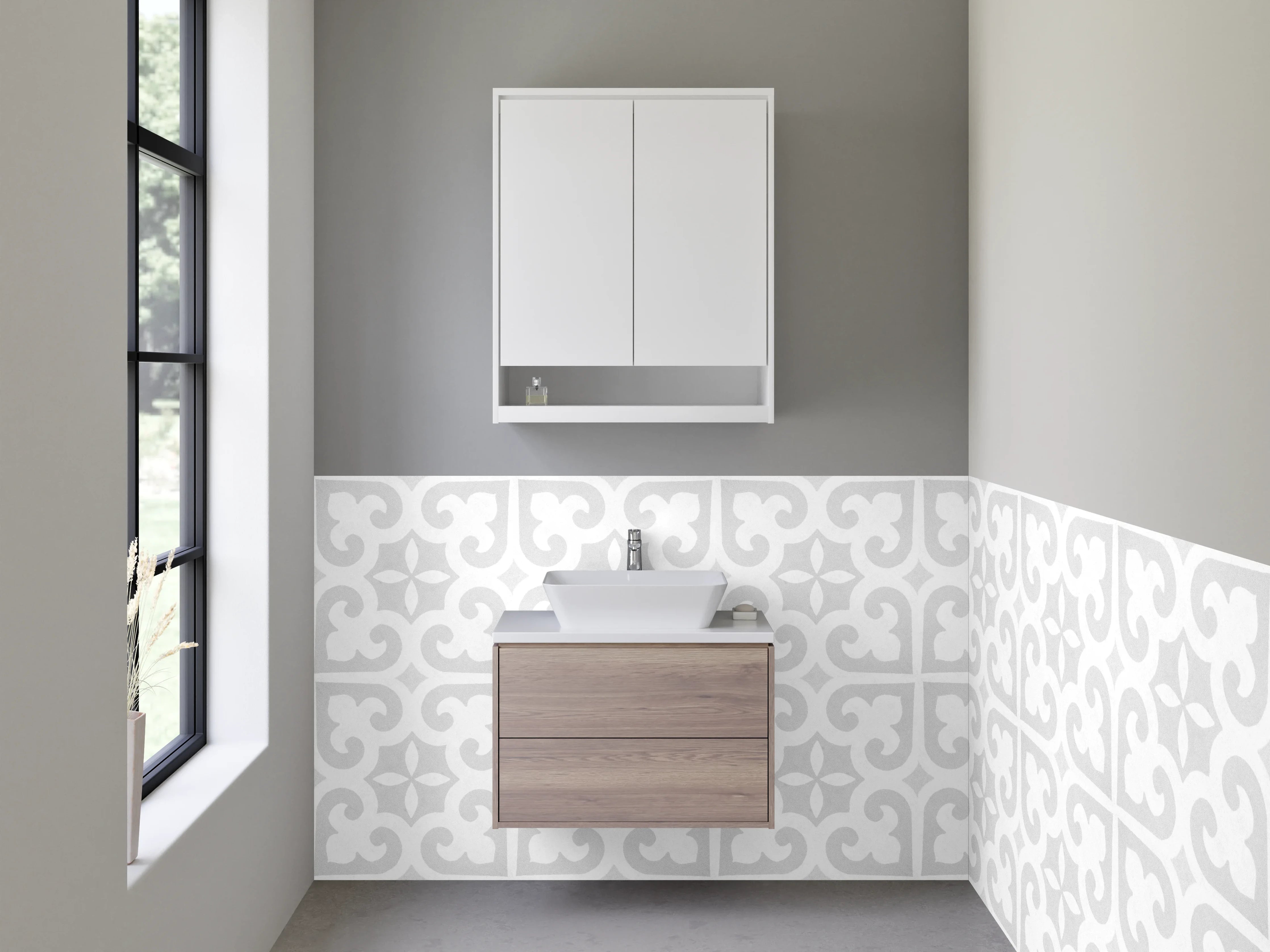 Waschbecken-Rückwand - Weiß-graues Ornamentmuster Fliesenoptik