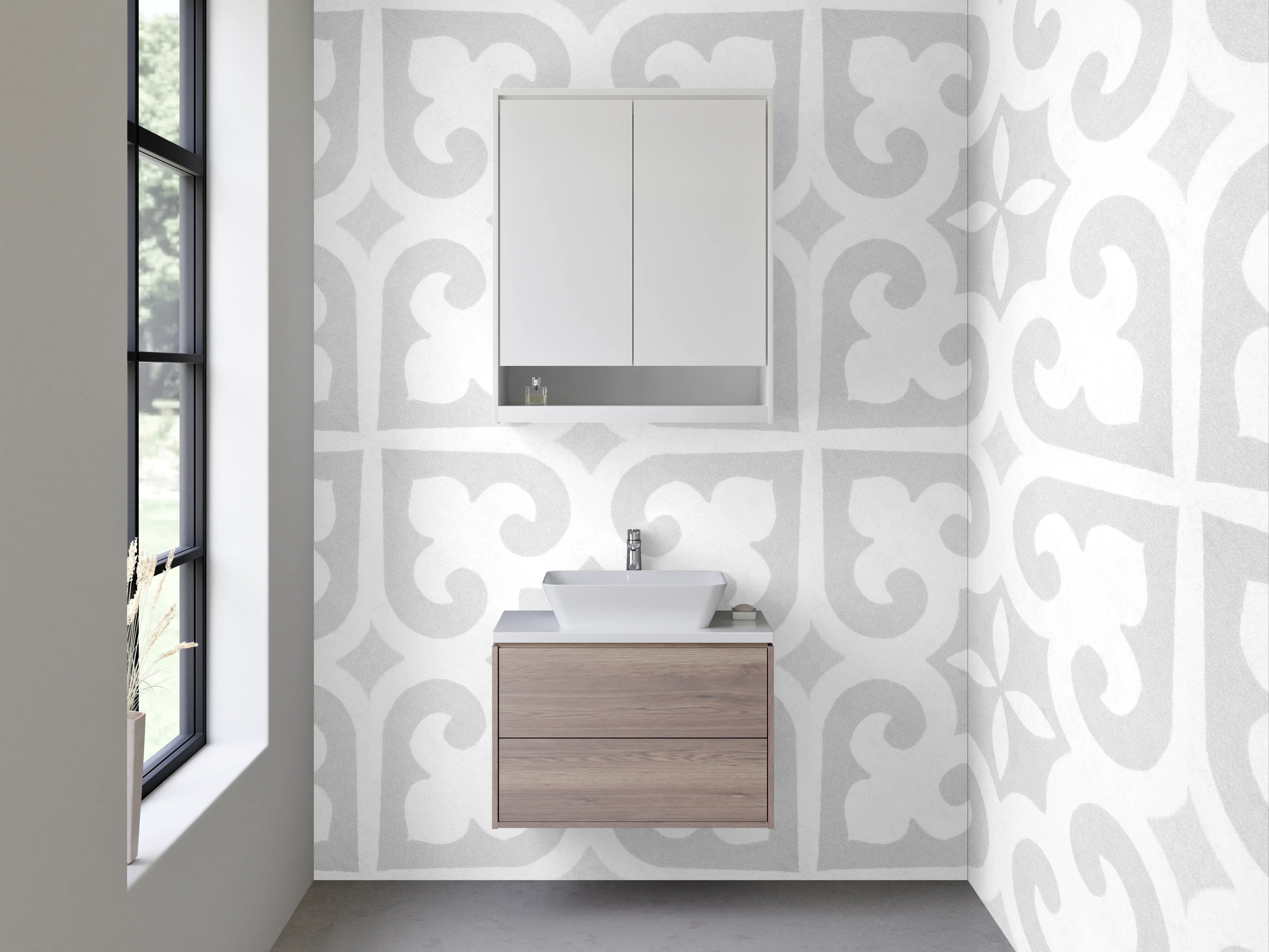 Waschbecken-Rückwand - Weiß-graues Ornamentmuster Fliesenoptik