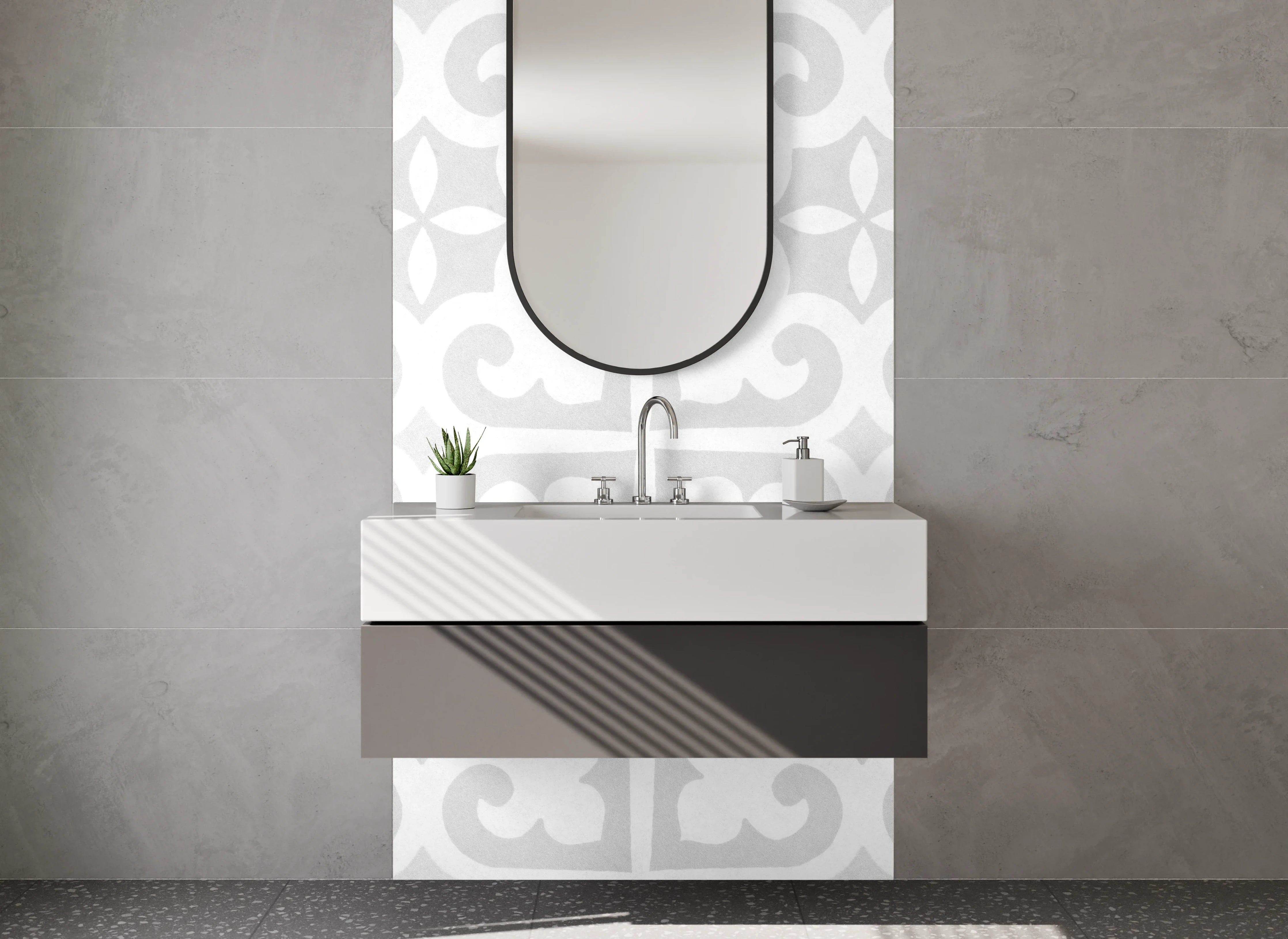 Waschbecken-Rückwand - Weiß-graues Ornamentmuster Fliesenoptik