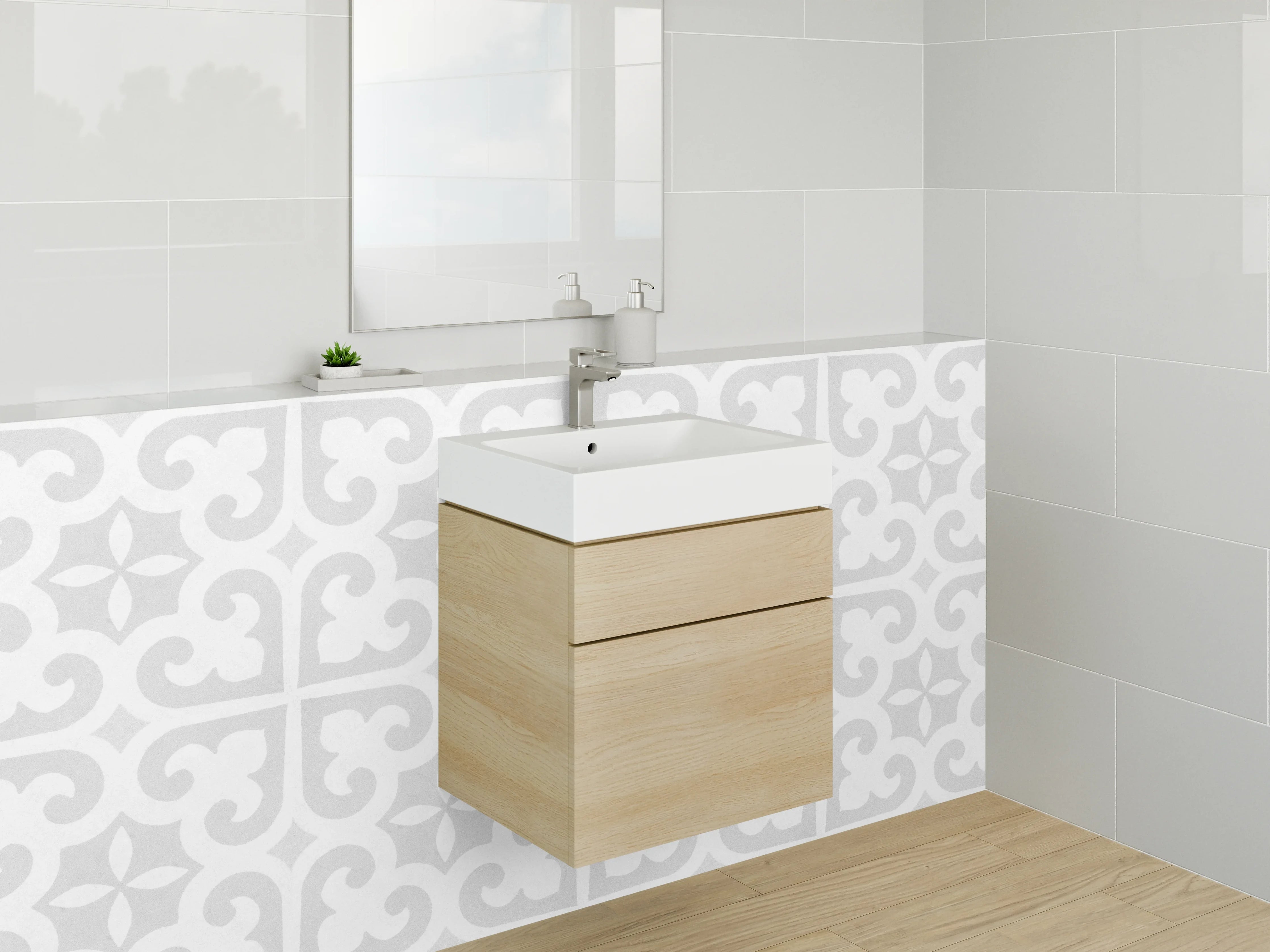 Waschbecken-Rückwand - Weiß-graues Ornamentmuster Fliesenoptik