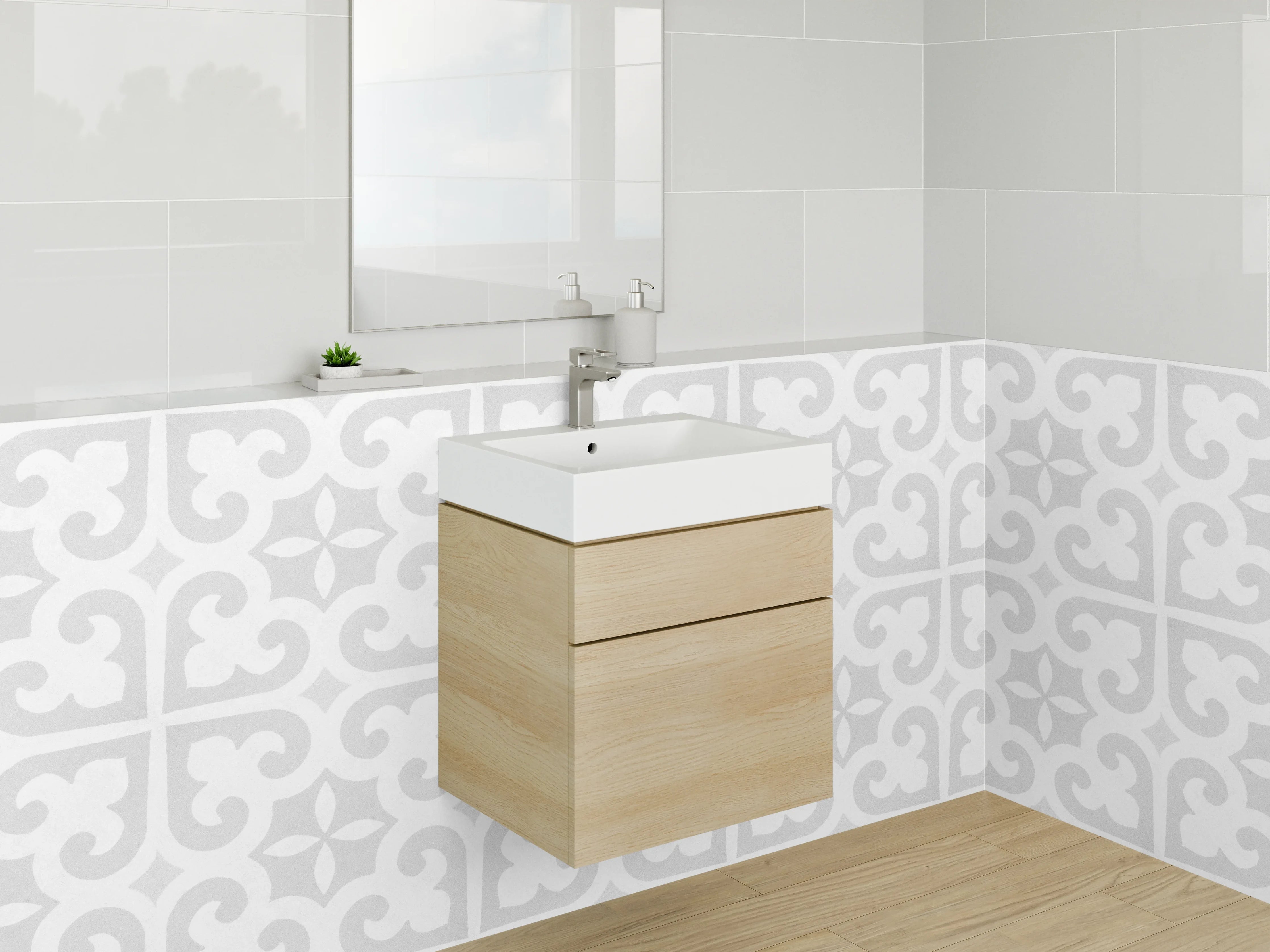 Waschbecken-Rückwand - Weiß-graues Ornamentmuster Fliesenoptik