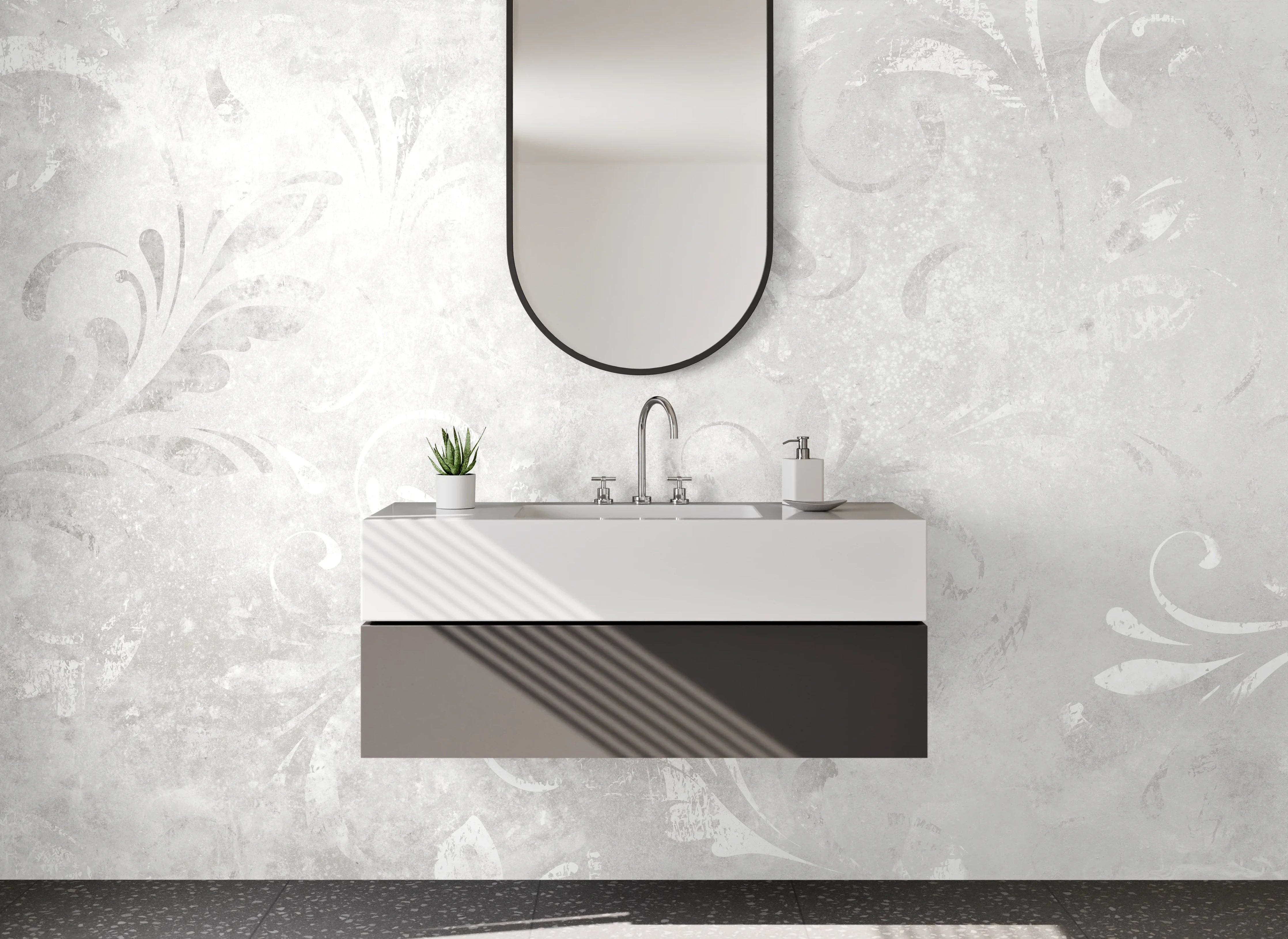 Waschbecken-Rückwand - Weiß-graues florales Marmor-Design