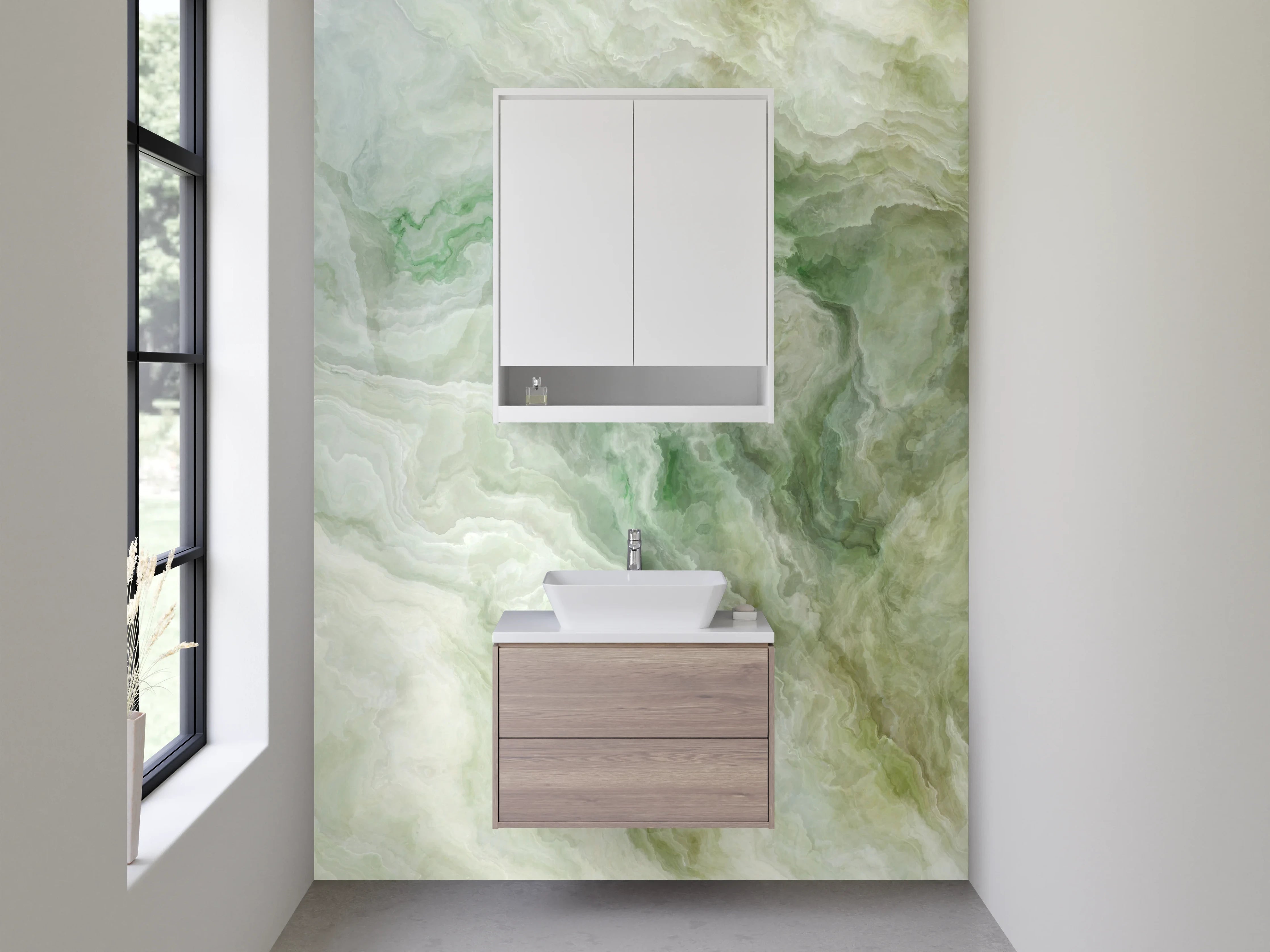 Waschbecken-Rückwand - Weiß-grüne Marmor-Optik für Bad & Küche