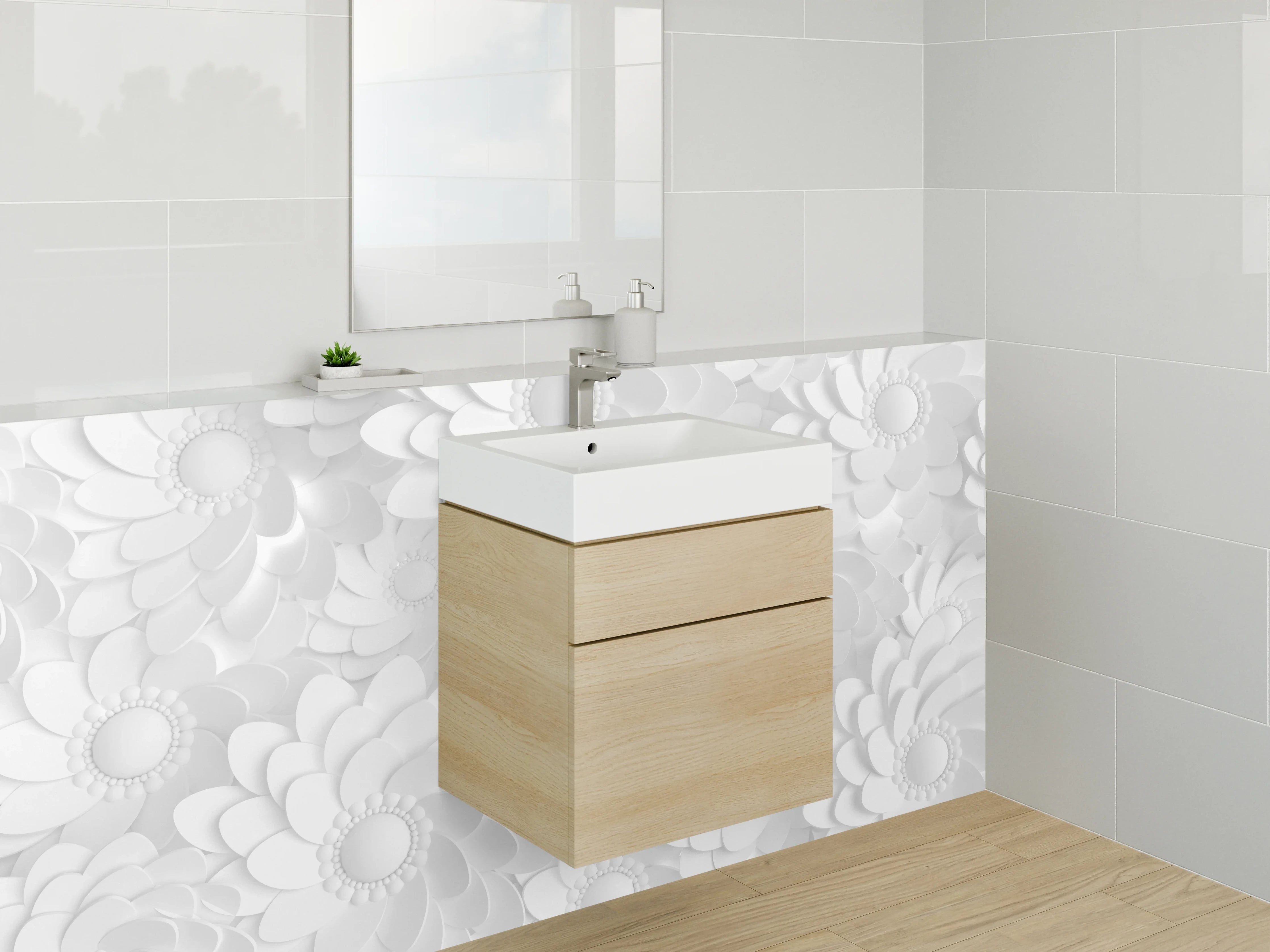 Waschbecken-Rückwand - Weiße 3D-Blumen Struktur Muster
