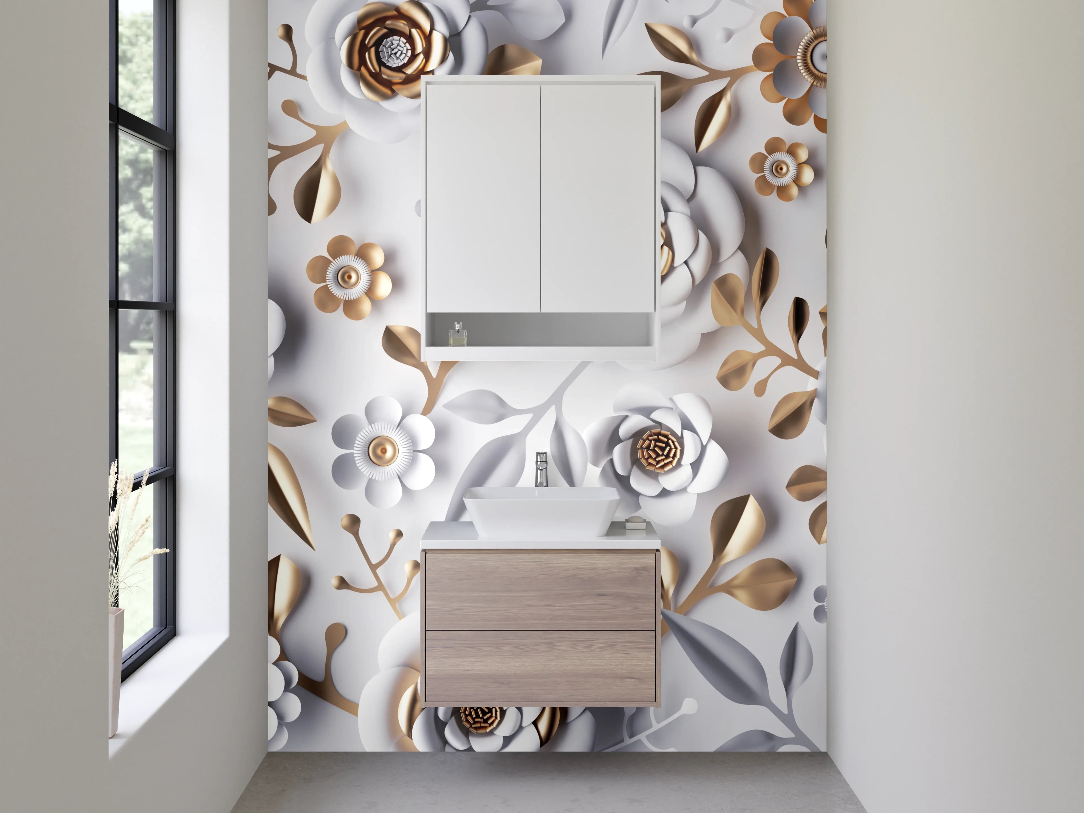Waschbecken-Rückwand - Weiße 3D-Blumen mit Goldakzenten