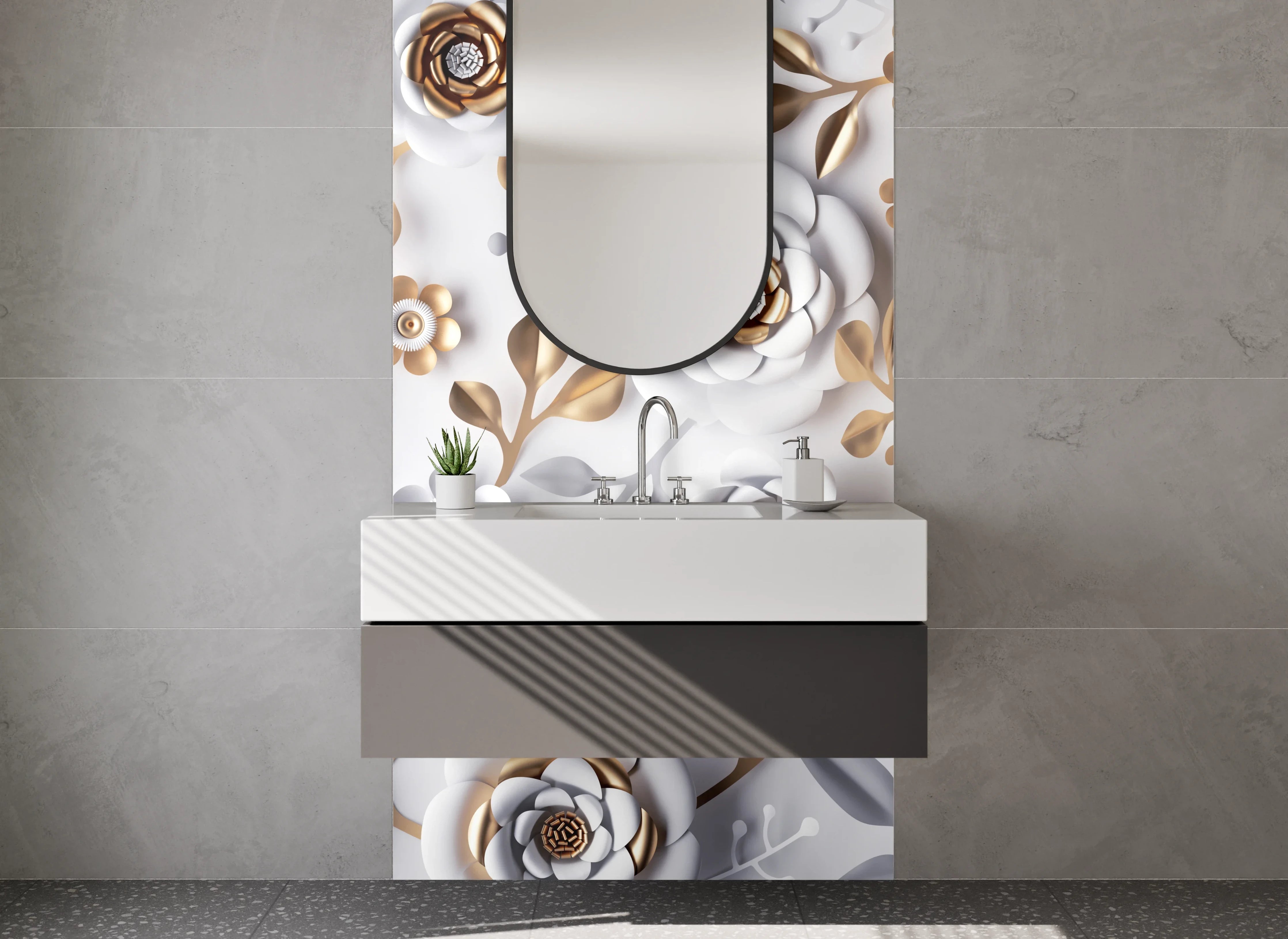 Waschbecken-Rückwand - Weiße 3D-Blumen mit Goldakzenten