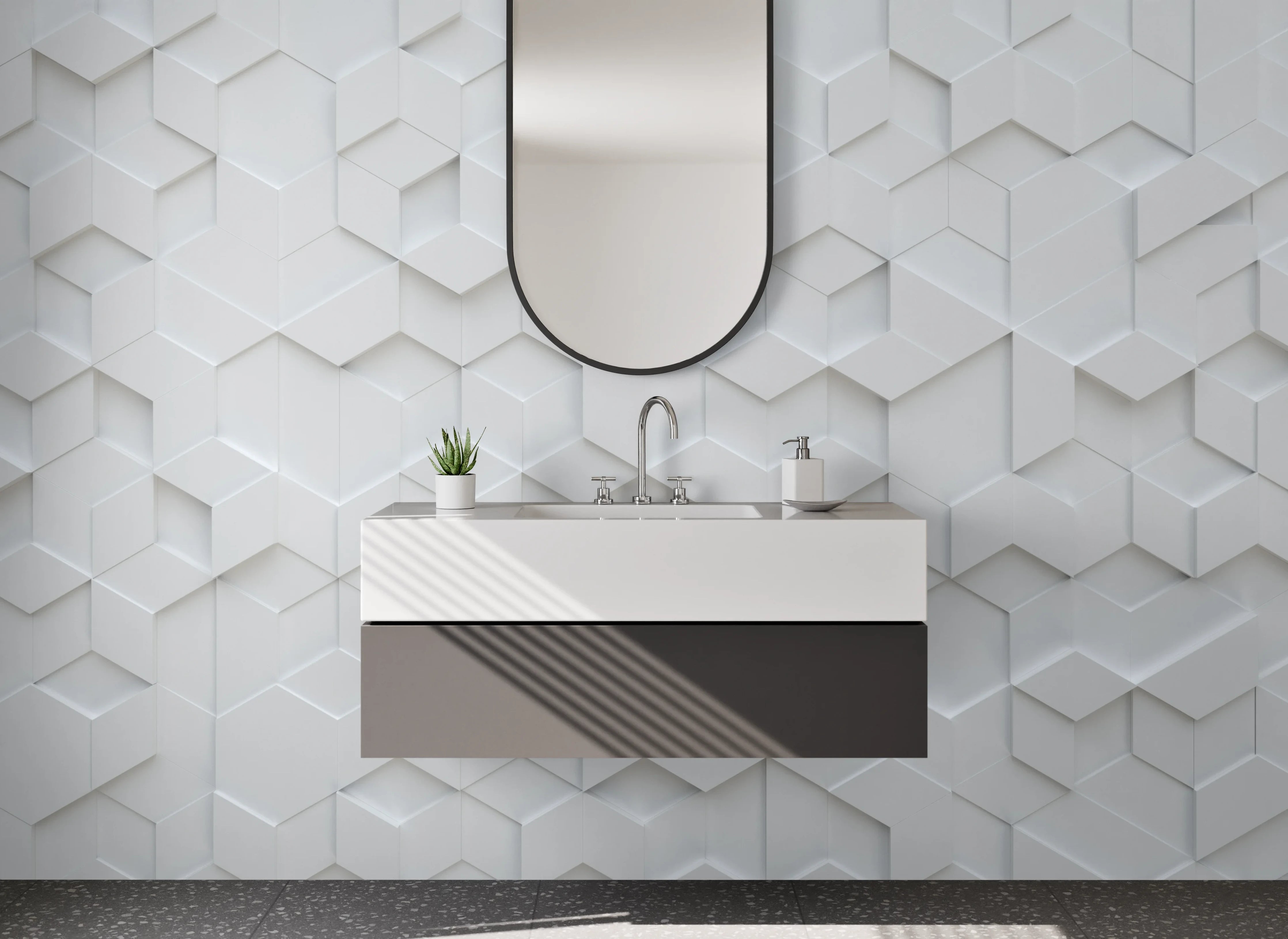 Waschbecken-Rückwand - Weiße 3D-Hexagon-Wand mit Schatteneffekt