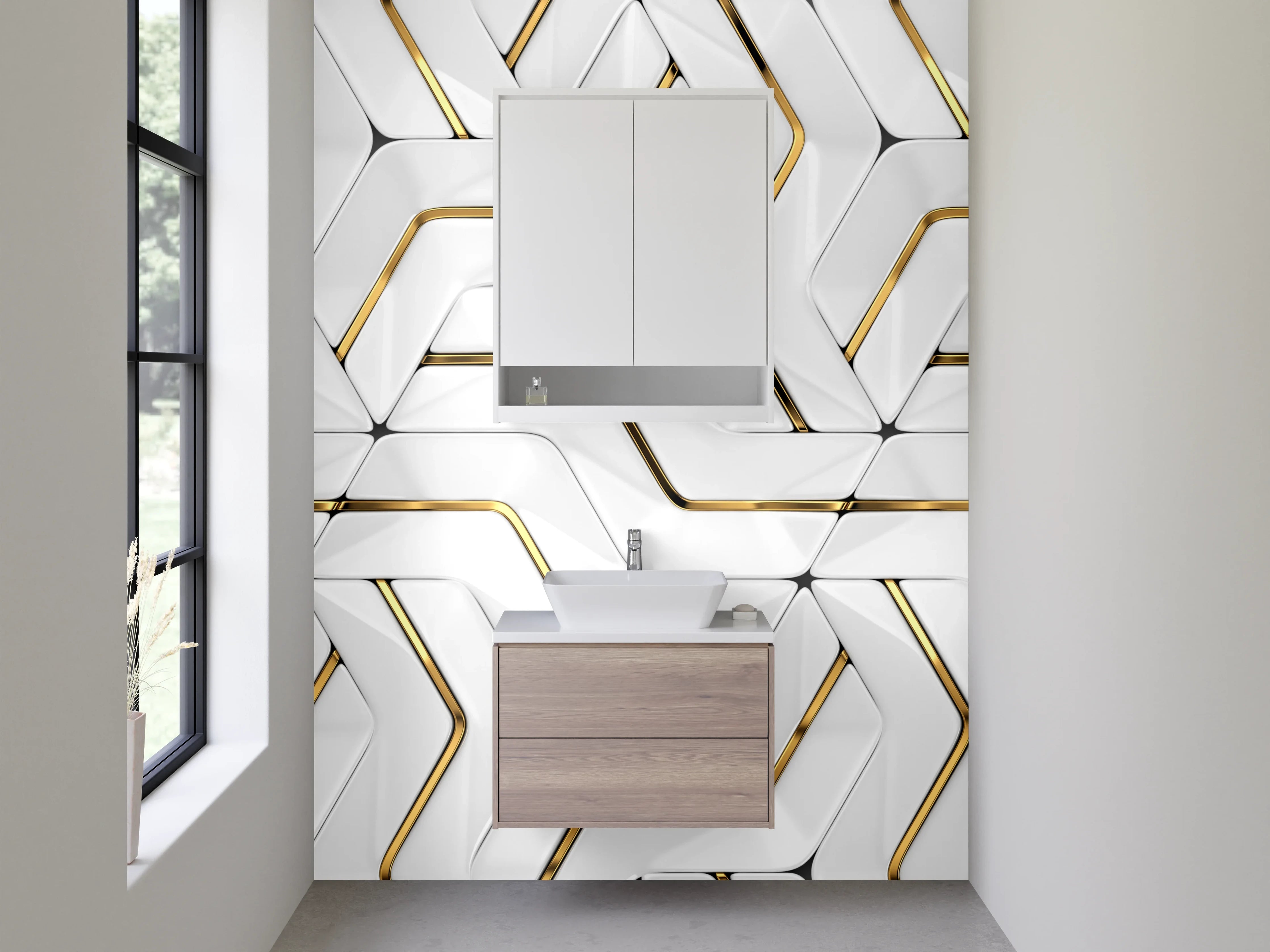 Waschbecken-Rückwand - Weiße 3D-Mosaik Struktur mit Goldakzent