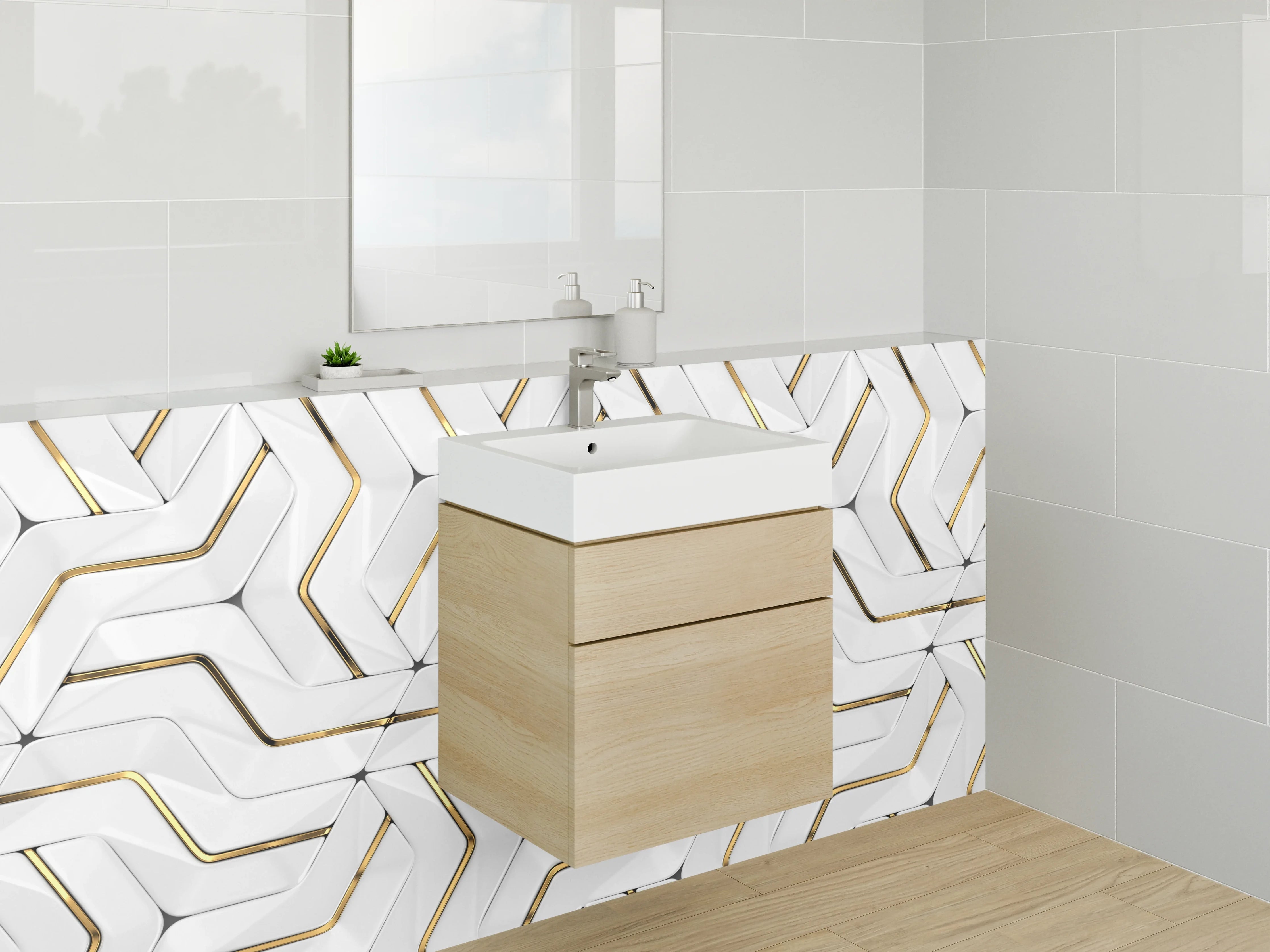Waschbecken-Rückwand - Weiße 3D-Mosaik Struktur mit Goldakzent