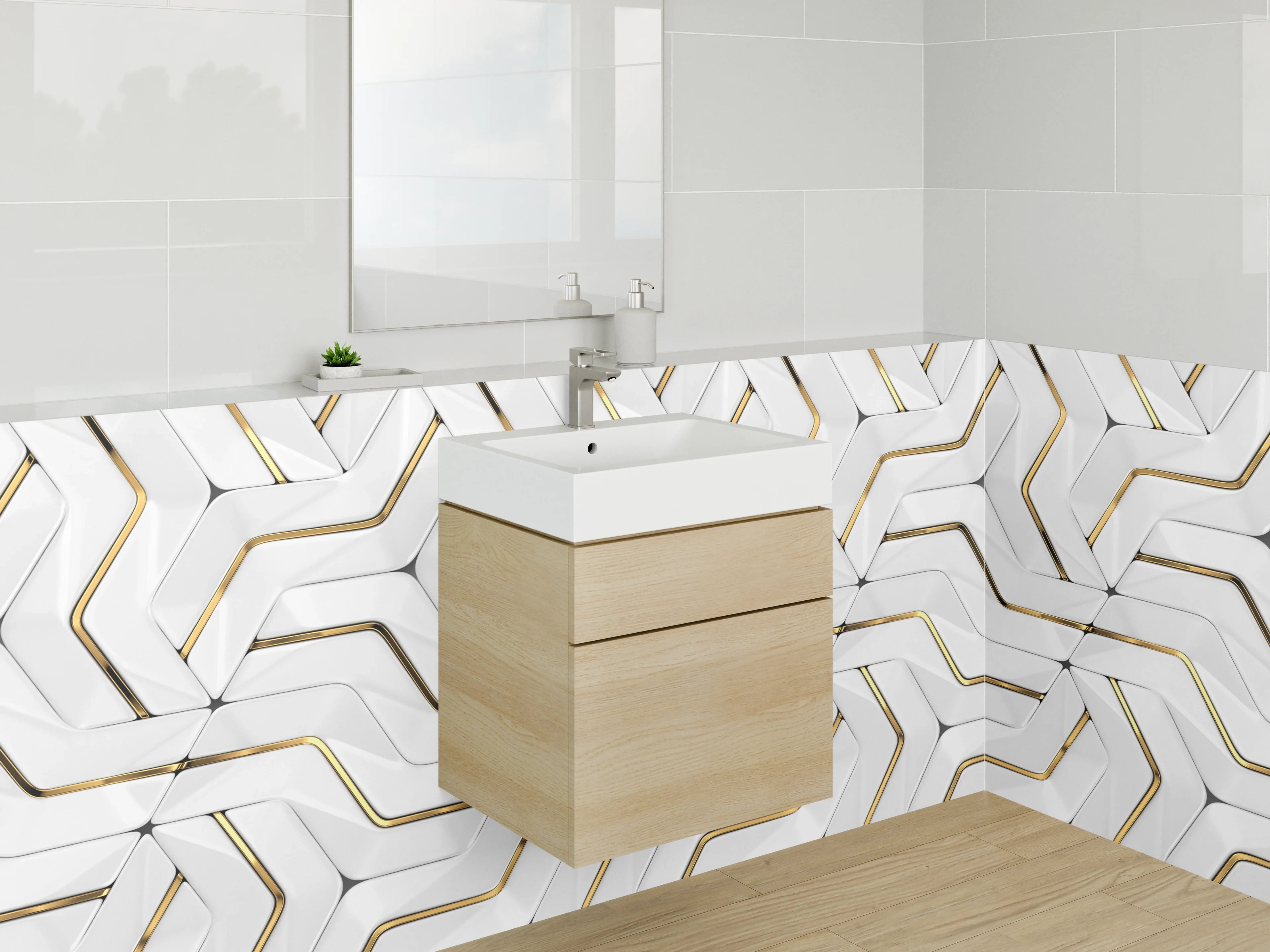 Waschbecken-Rückwand - Weiße 3D-Mosaik Struktur mit Goldakzent