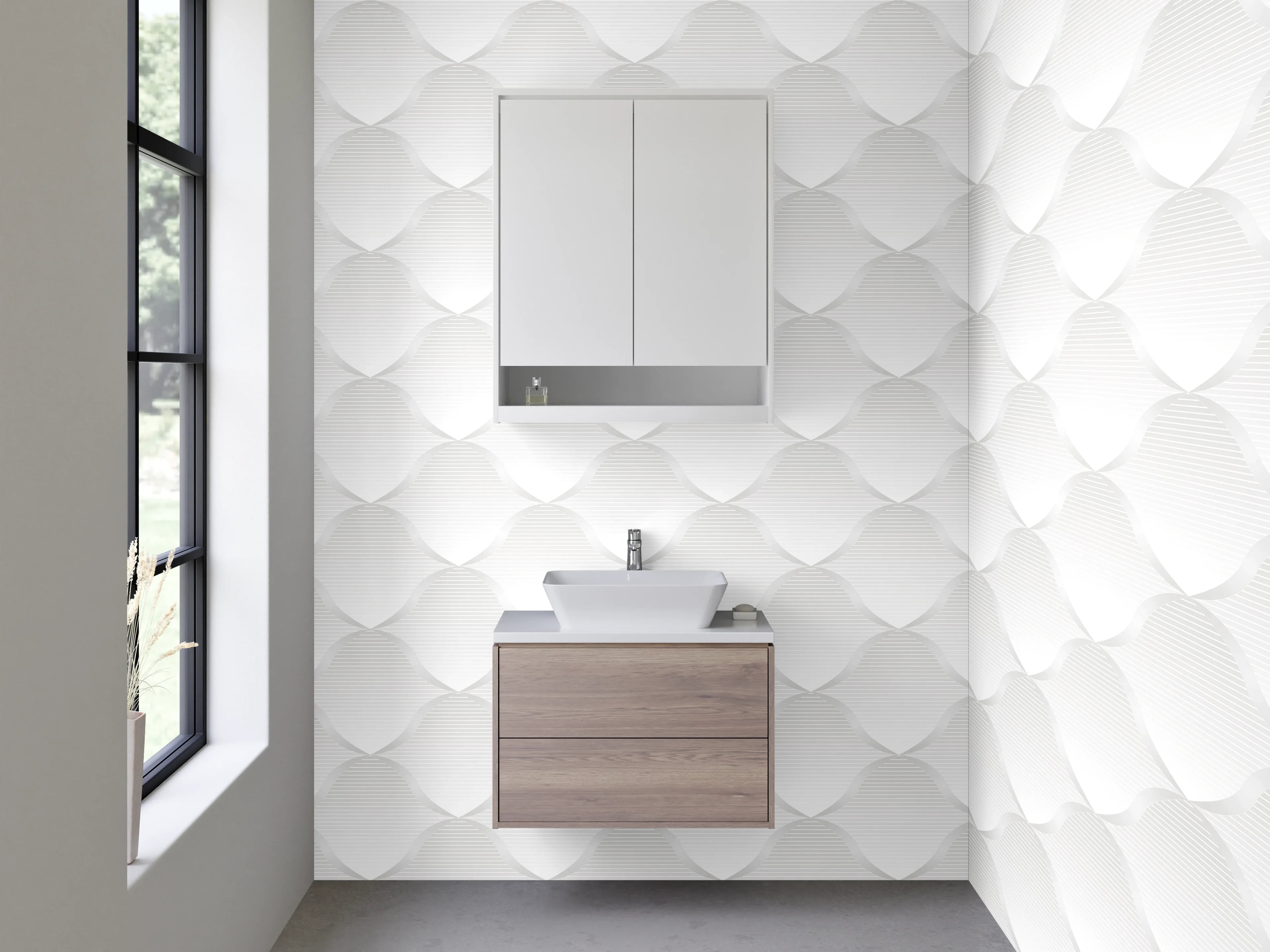 Waschbecken-Rückwand - Weiße 3D-Muster Fliesenoptik Modern