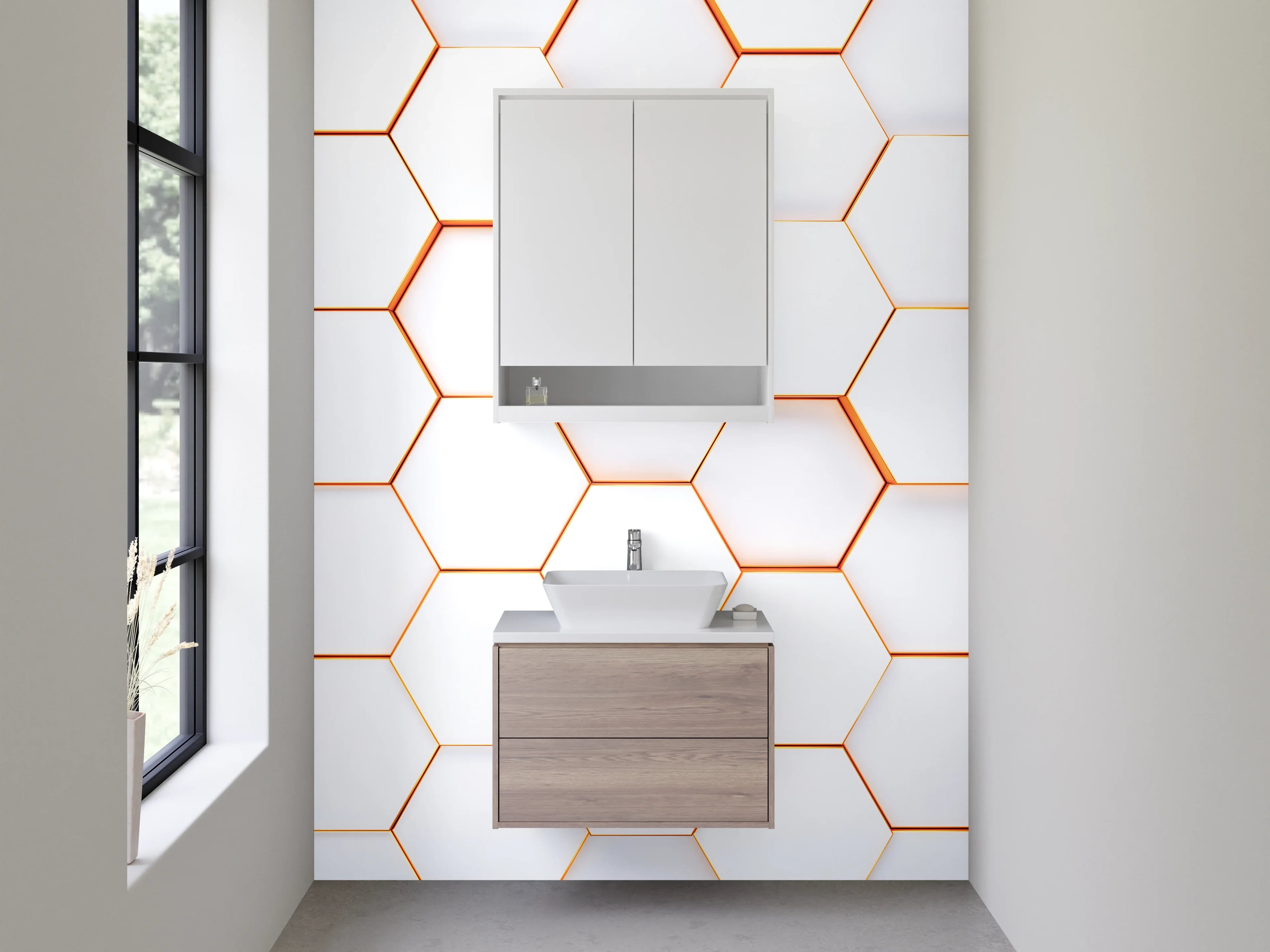 Waschbecken-Rückwand - Weiße 3D-Waben Hexagon Wanddeko