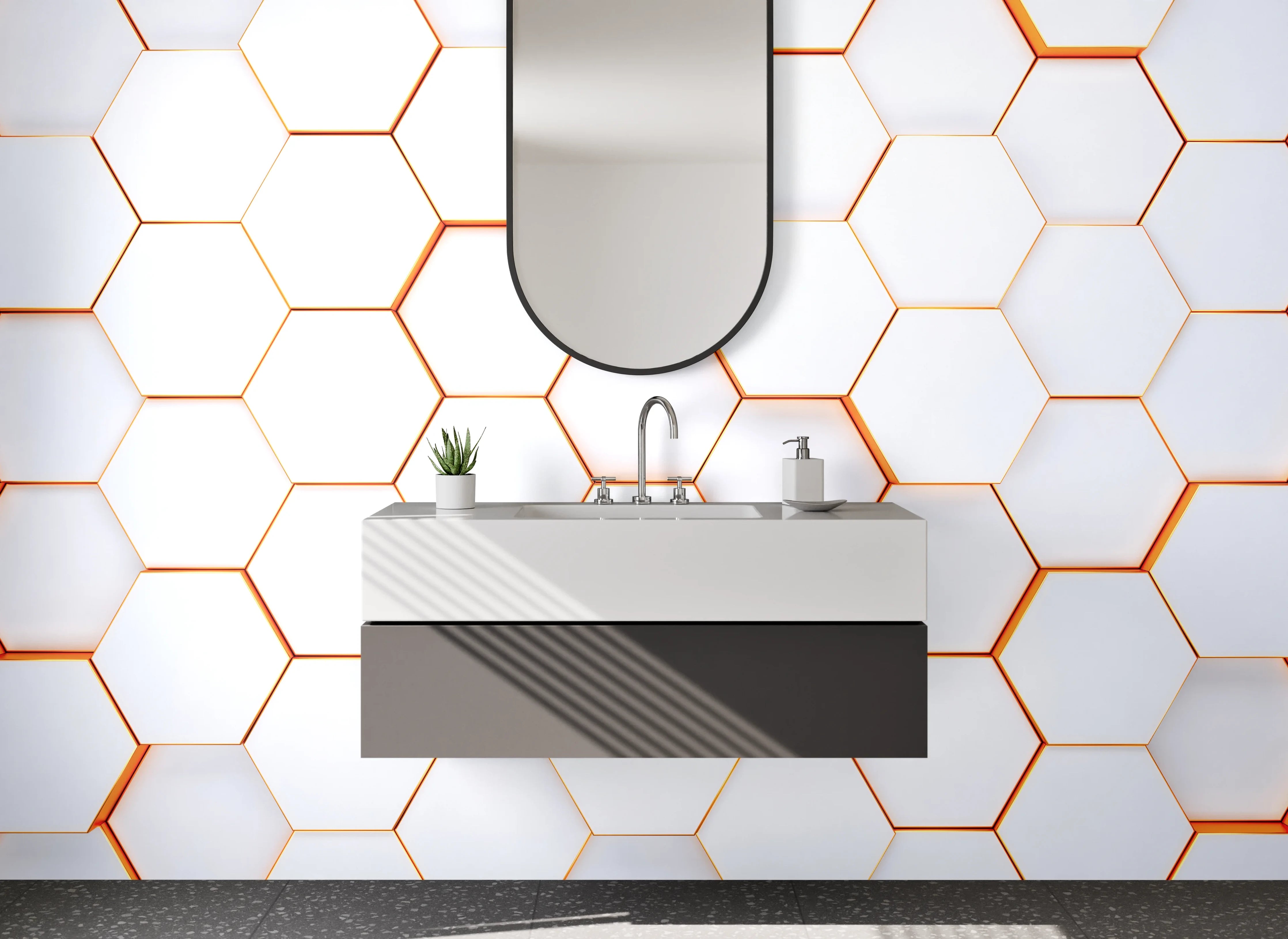 Waschbecken-Rückwand - Weiße 3D-Waben Hexagon Wanddeko