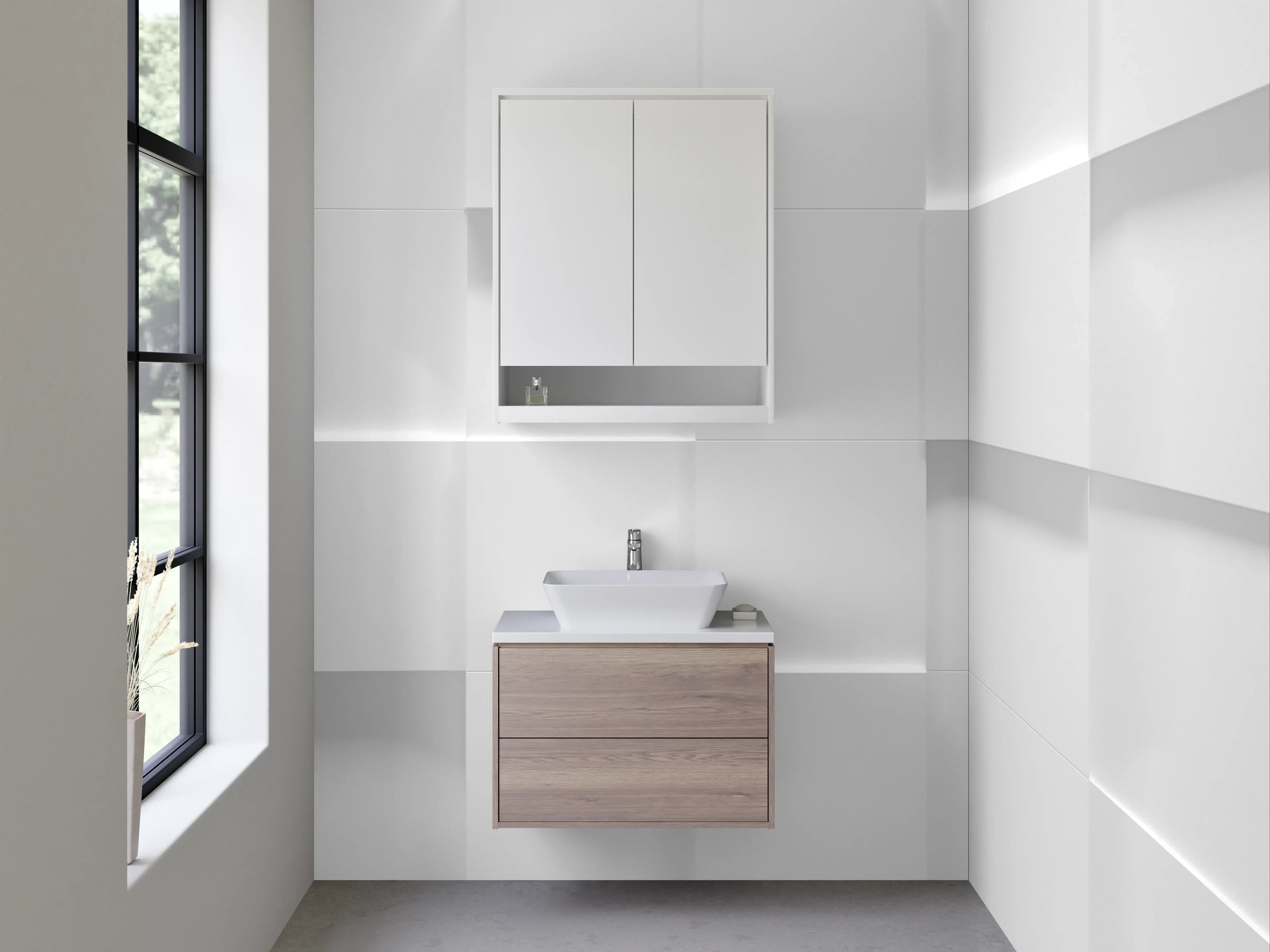 Waschbecken-Rückwand - Weiße 3D-Wand mit Schatteneffekt