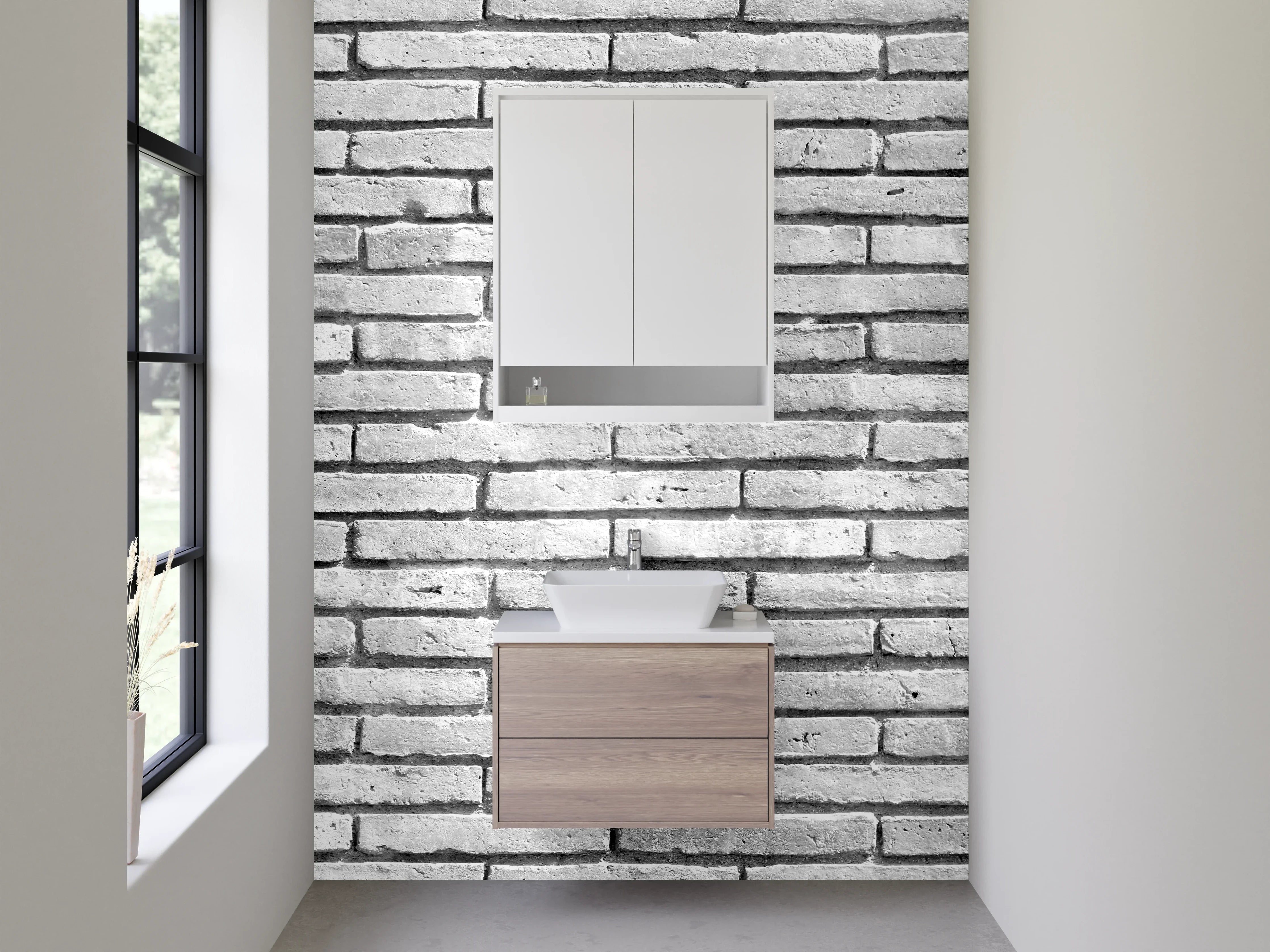 Waschbecken-Rückwand - Weiße Backsteinmauer – Schwarz-Weiß Optik