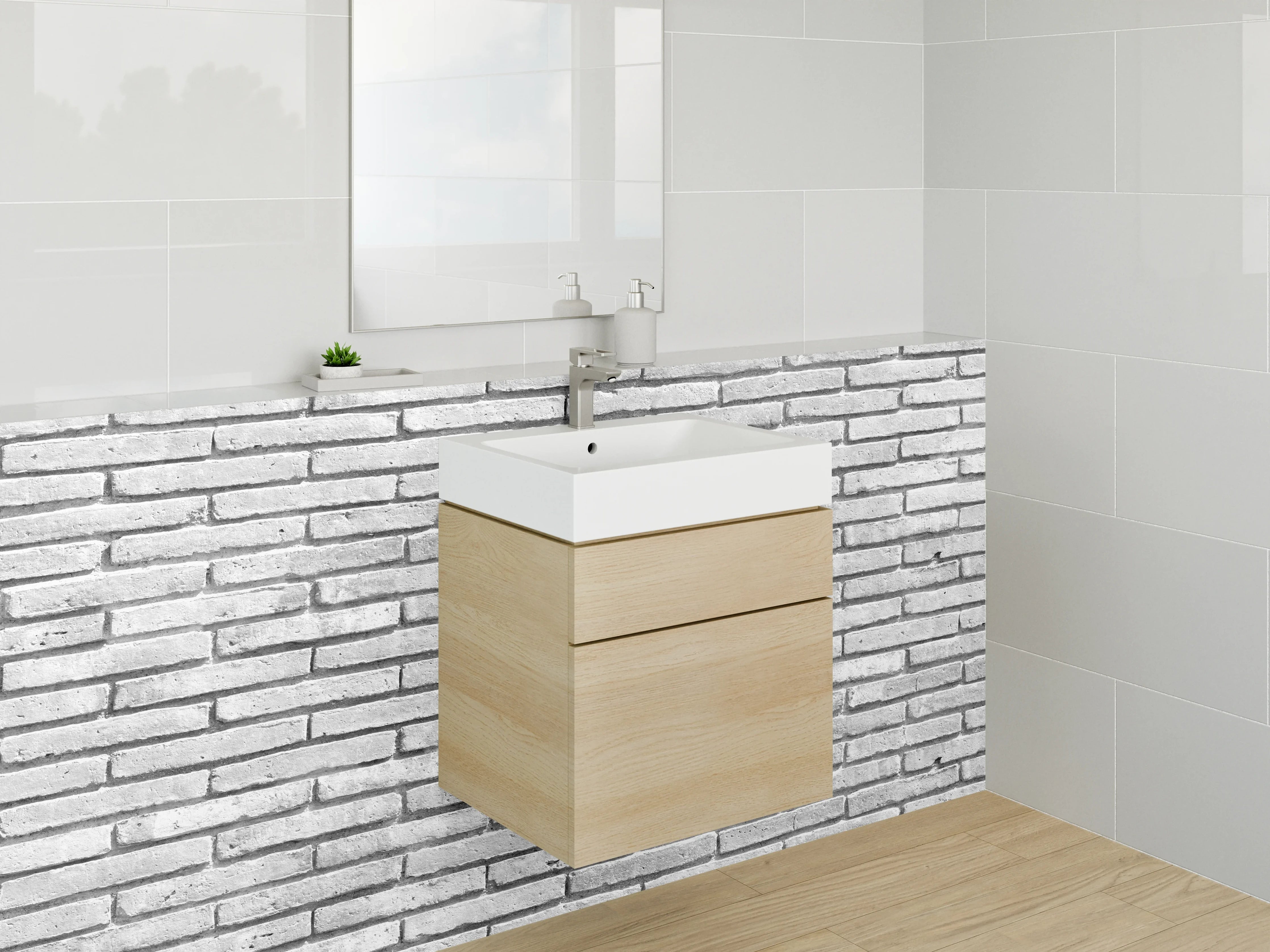 Waschbecken-Rückwand - Weiße Backsteinmauer – Schwarz-Weiß Optik