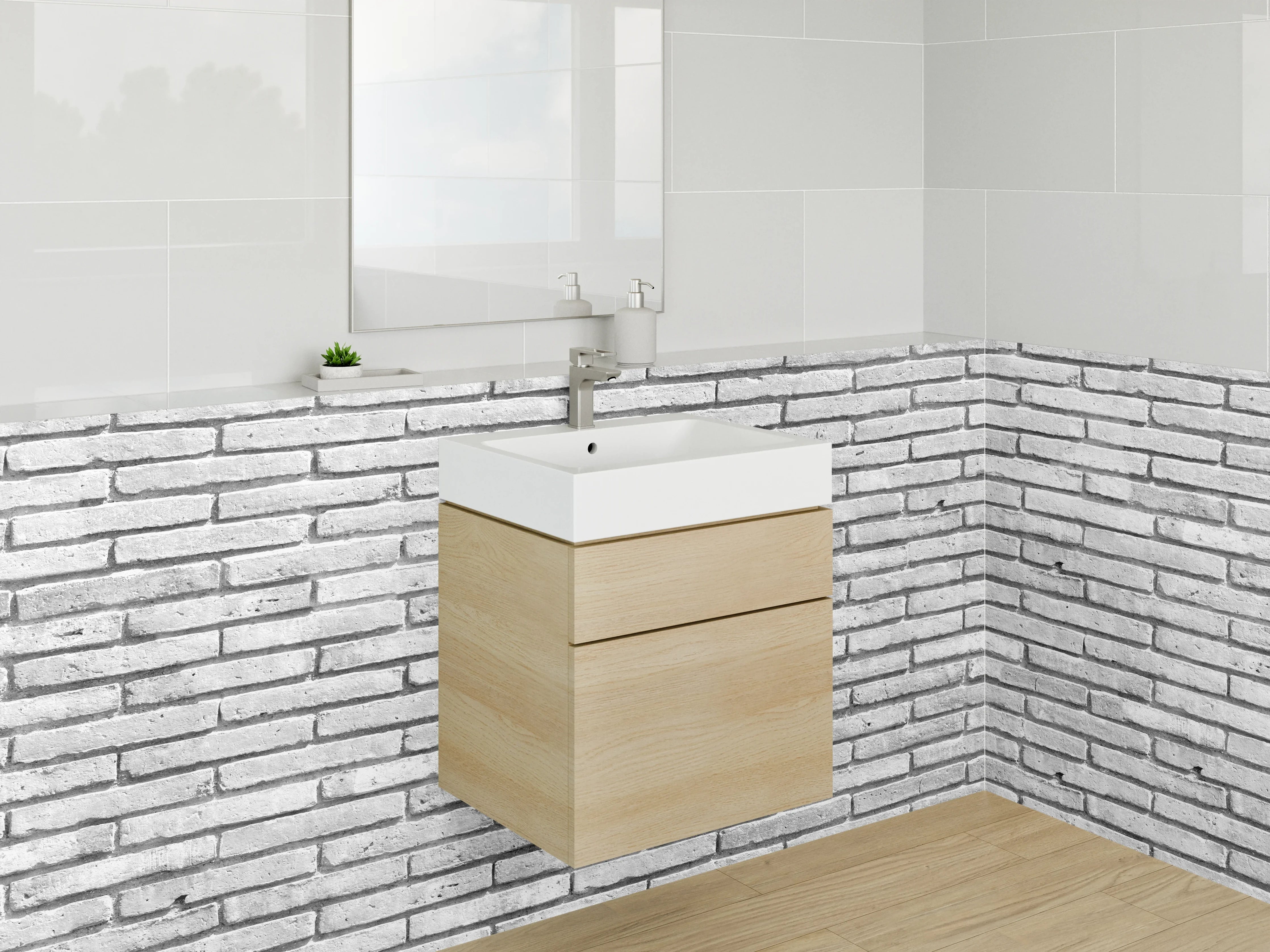 Waschbecken-Rückwand - Weiße Backsteinmauer – Schwarz-Weiß Optik