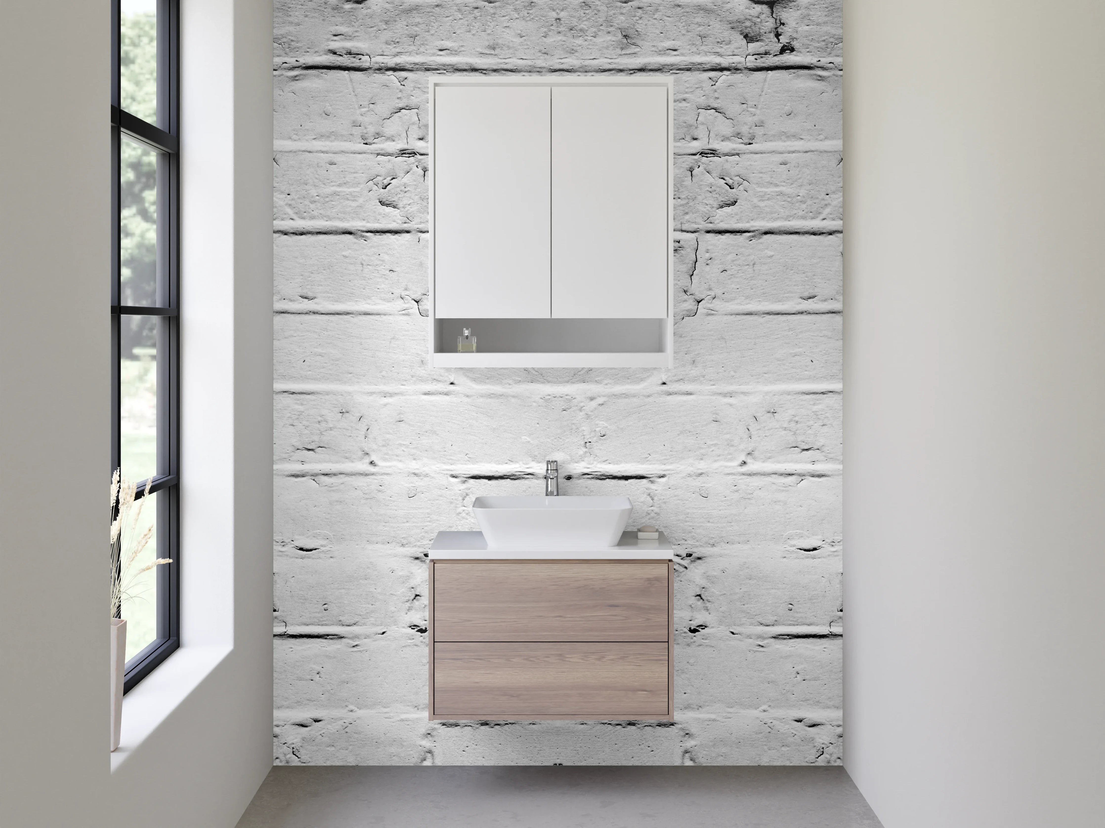 Waschbecken-Rückwand - Weiße Backsteinwand Vintage-Optik