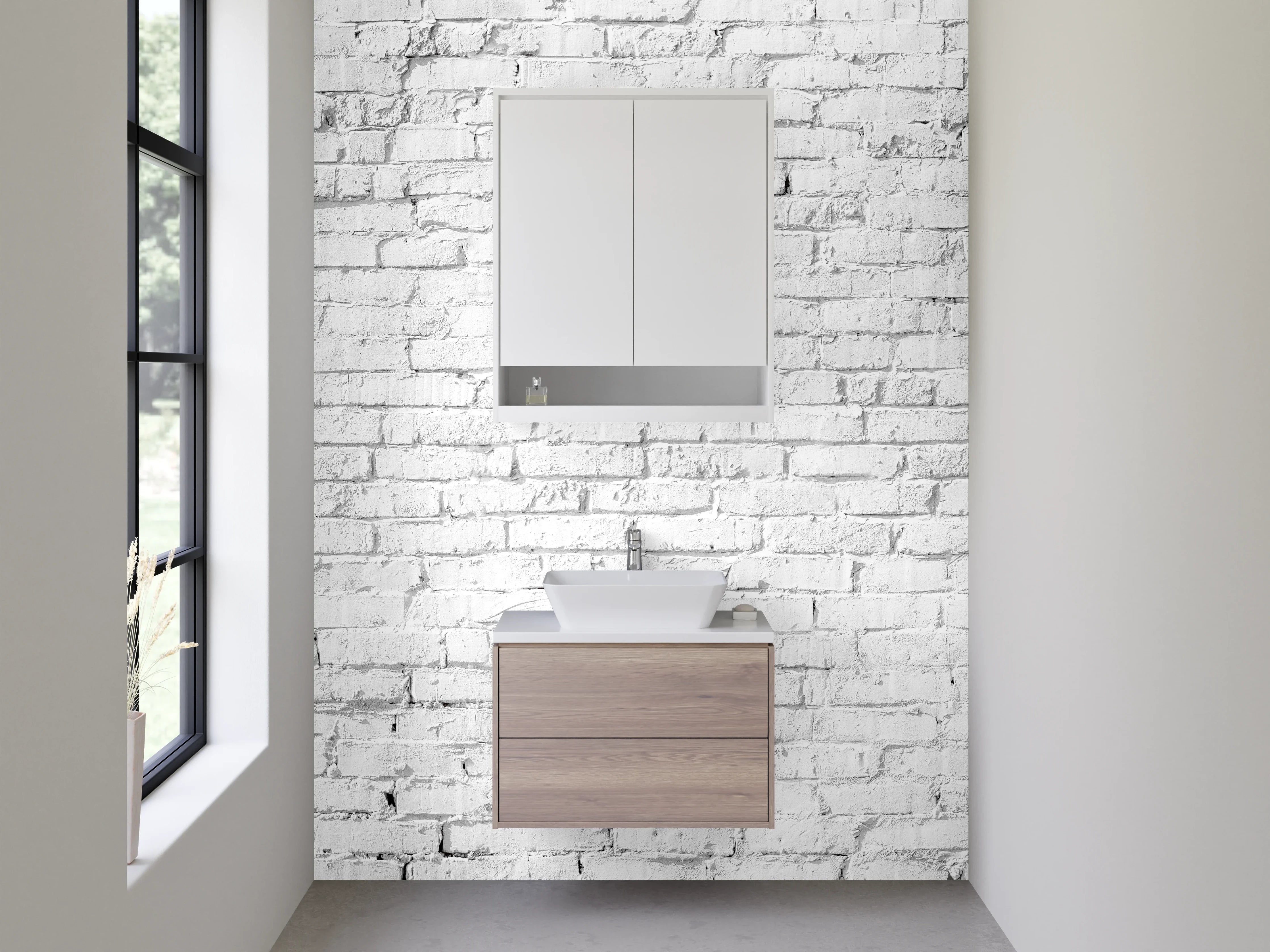 Waschbecken-Rückwand - Weiße Backsteinwand – minimalistisch & modern