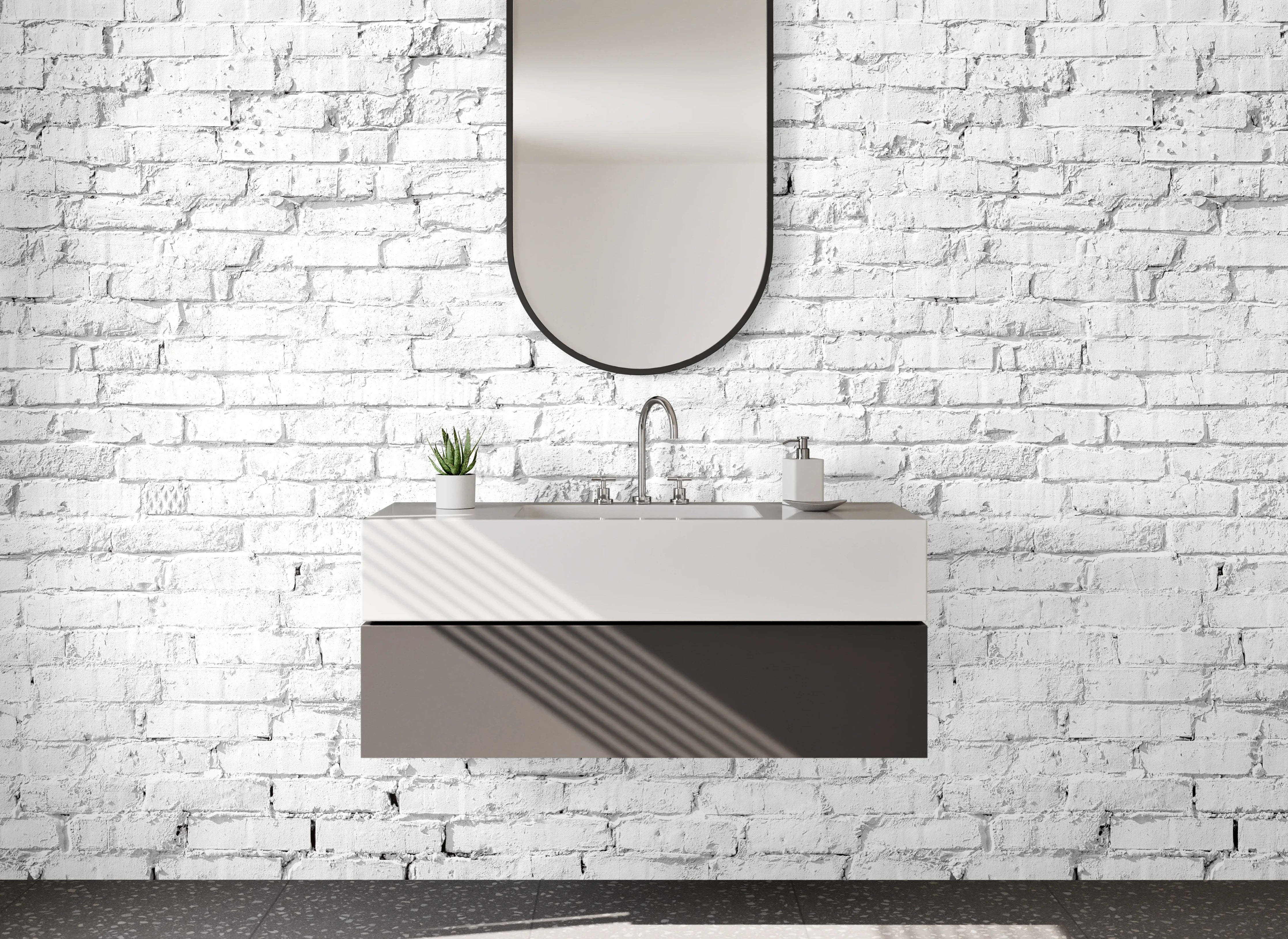 Waschbecken-Rückwand - Weiße Backsteinwand – minimalistisch & modern
