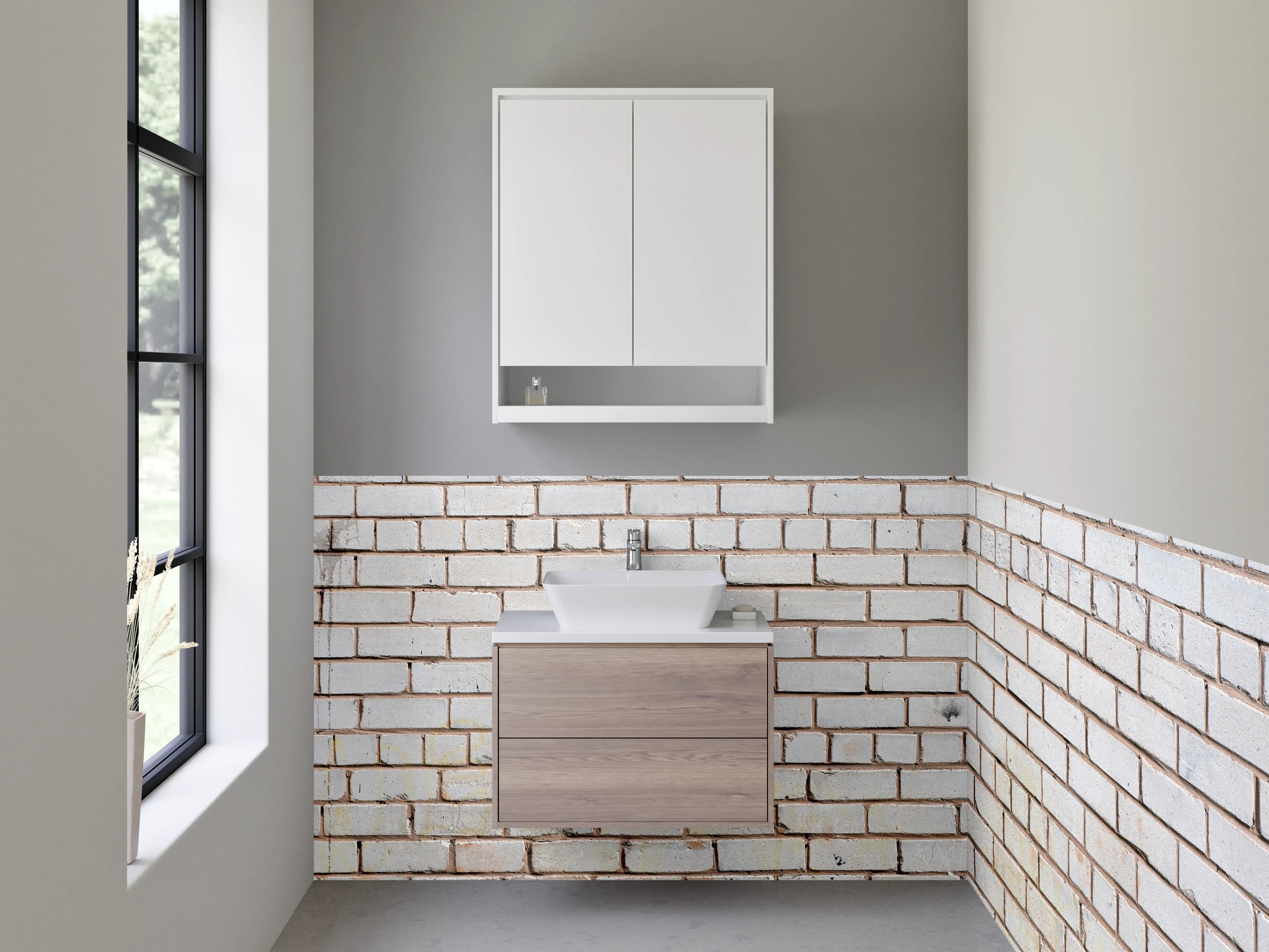 Waschbecken-Rückwand - Weiße Backsteinwand – minimalistischer Look