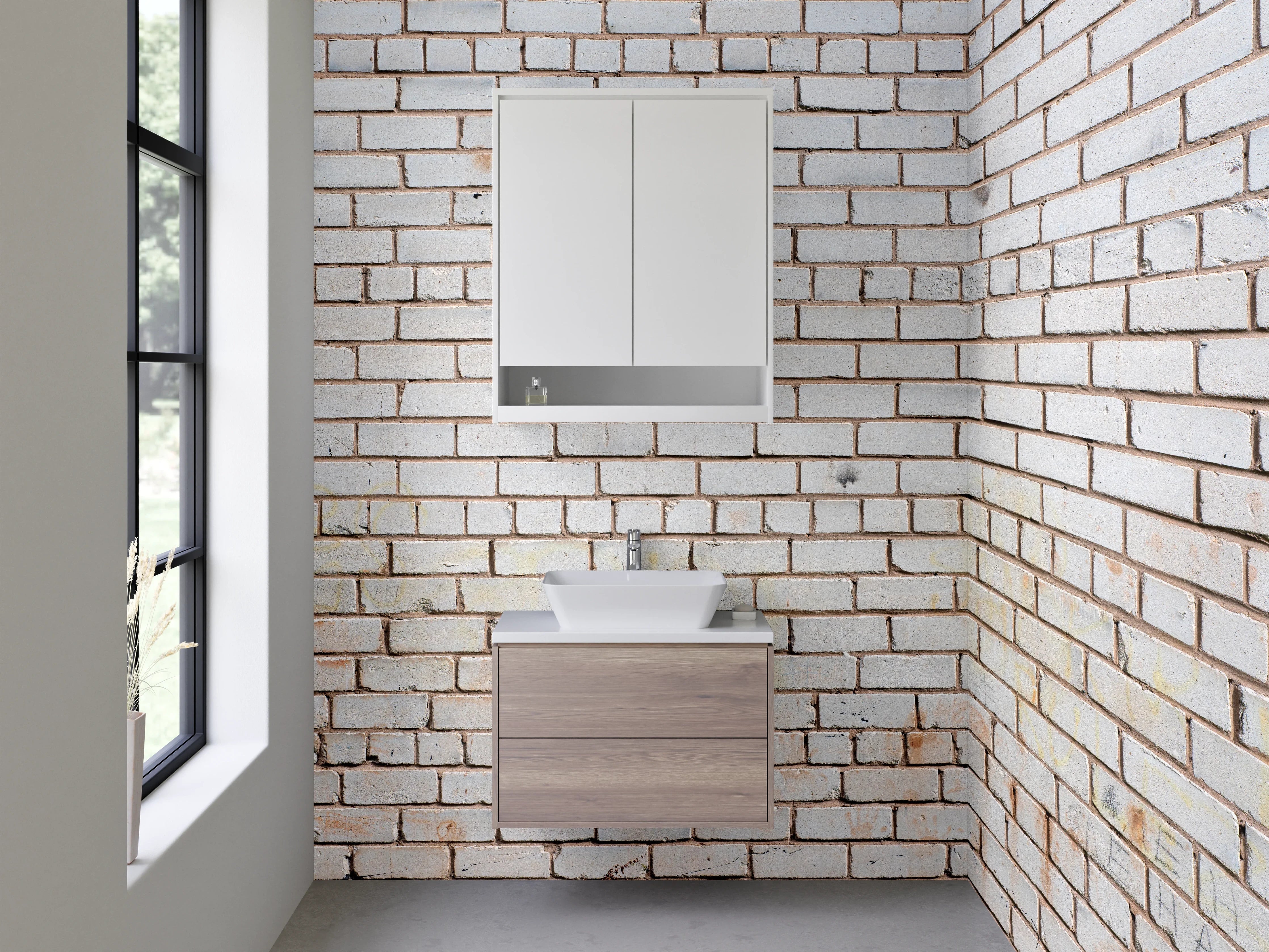 Waschbecken-Rückwand - Weiße Backsteinwand – minimalistischer Look