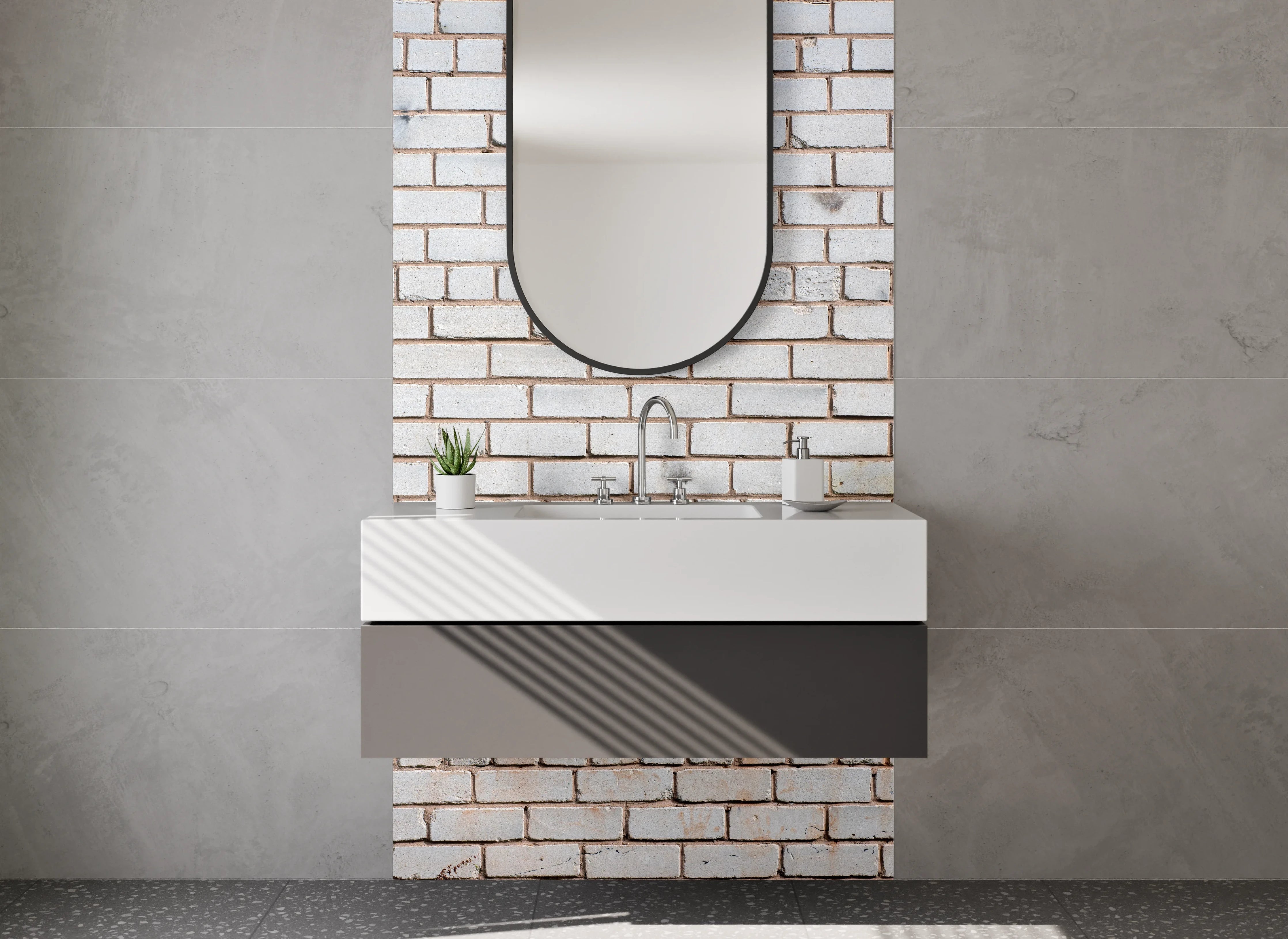 Waschbecken-Rückwand - Weiße Backsteinwand – minimalistischer Look