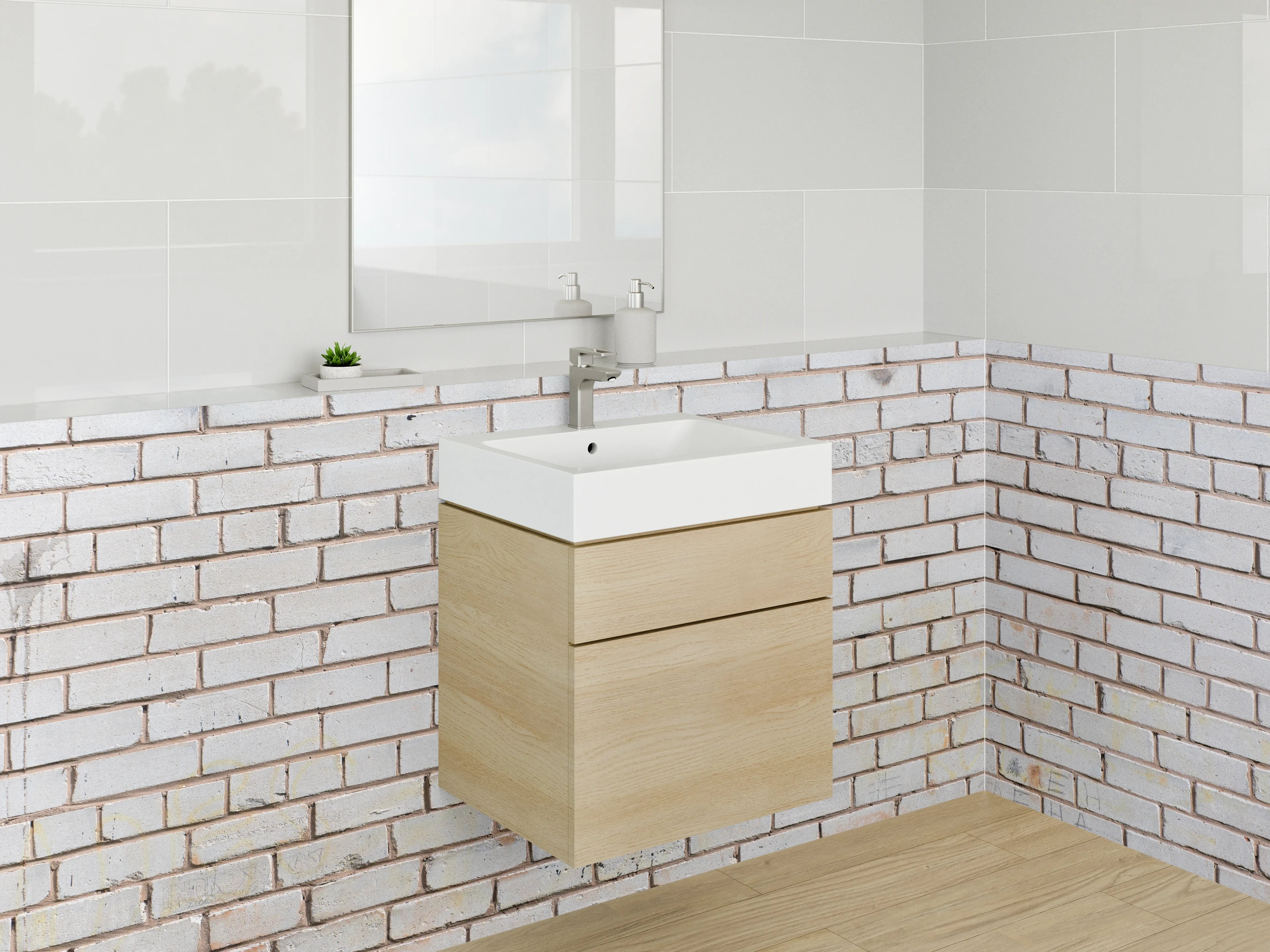 Waschbecken-Rückwand - Weiße Backsteinwand – minimalistischer Look