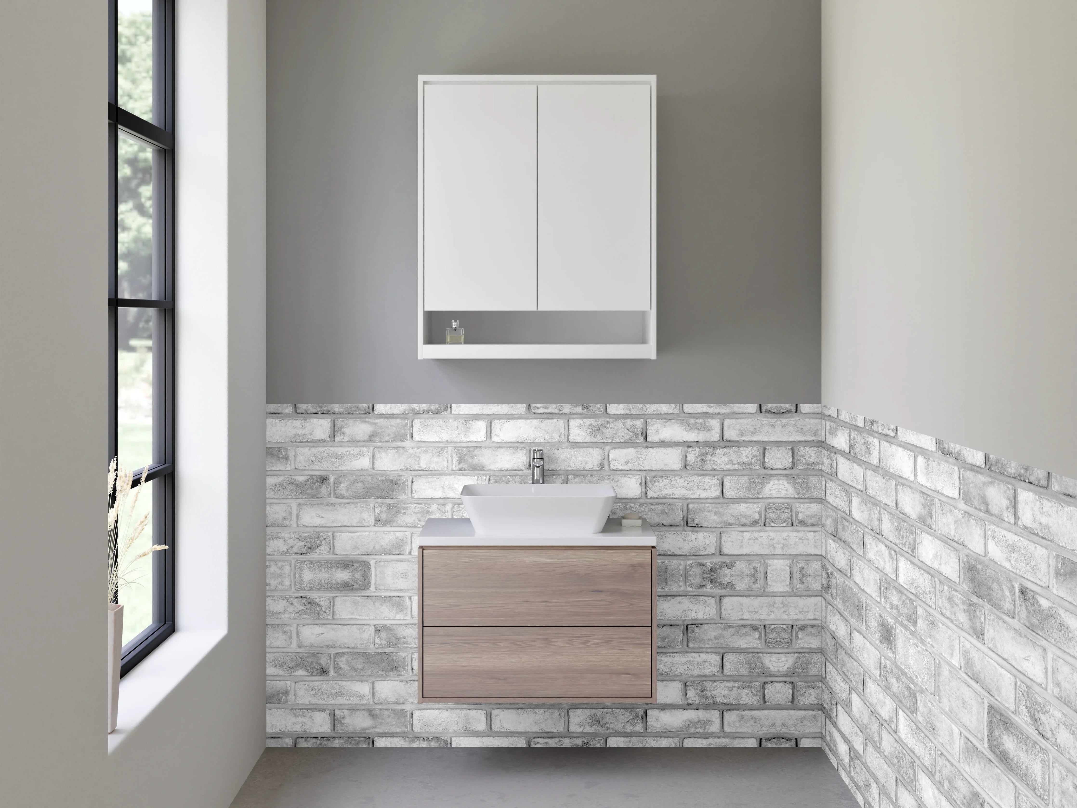 Waschbecken-Rückwand - Weiße Backsteinwand in Grau-Optik