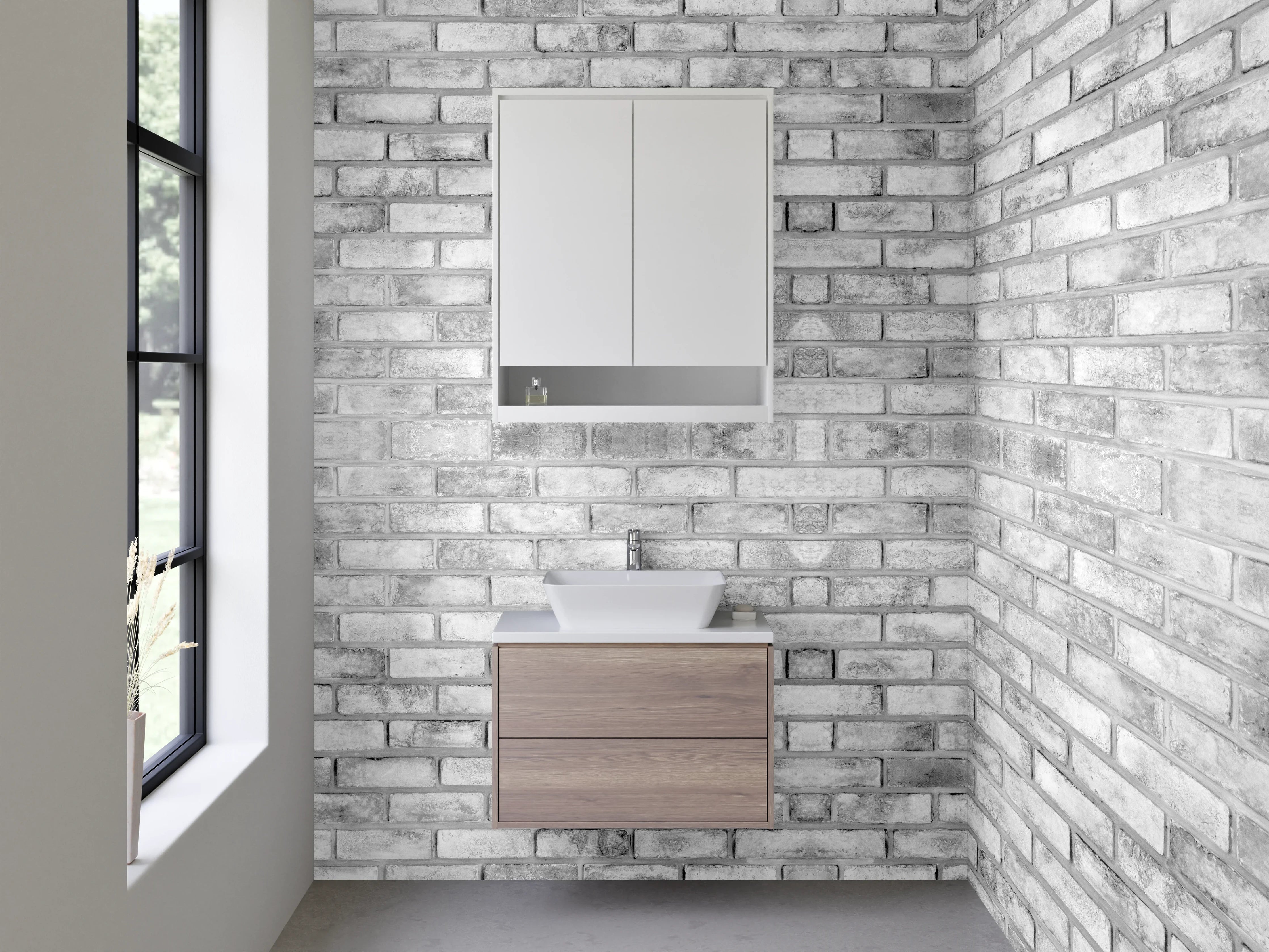 Waschbecken-Rückwand - Weiße Backsteinwand in Grau-Optik