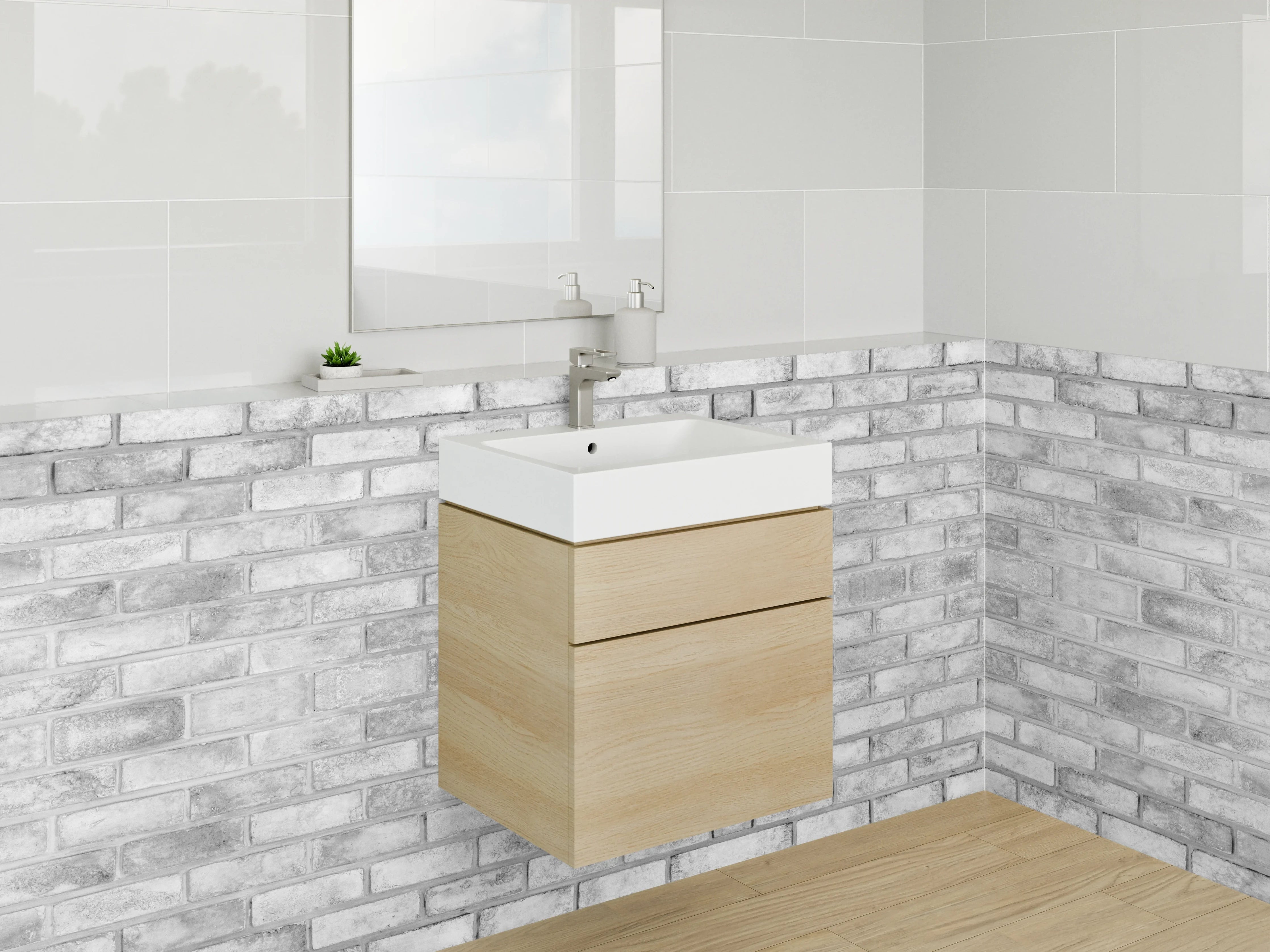 Waschbecken-Rückwand - Weiße Backsteinwand in Grau-Optik