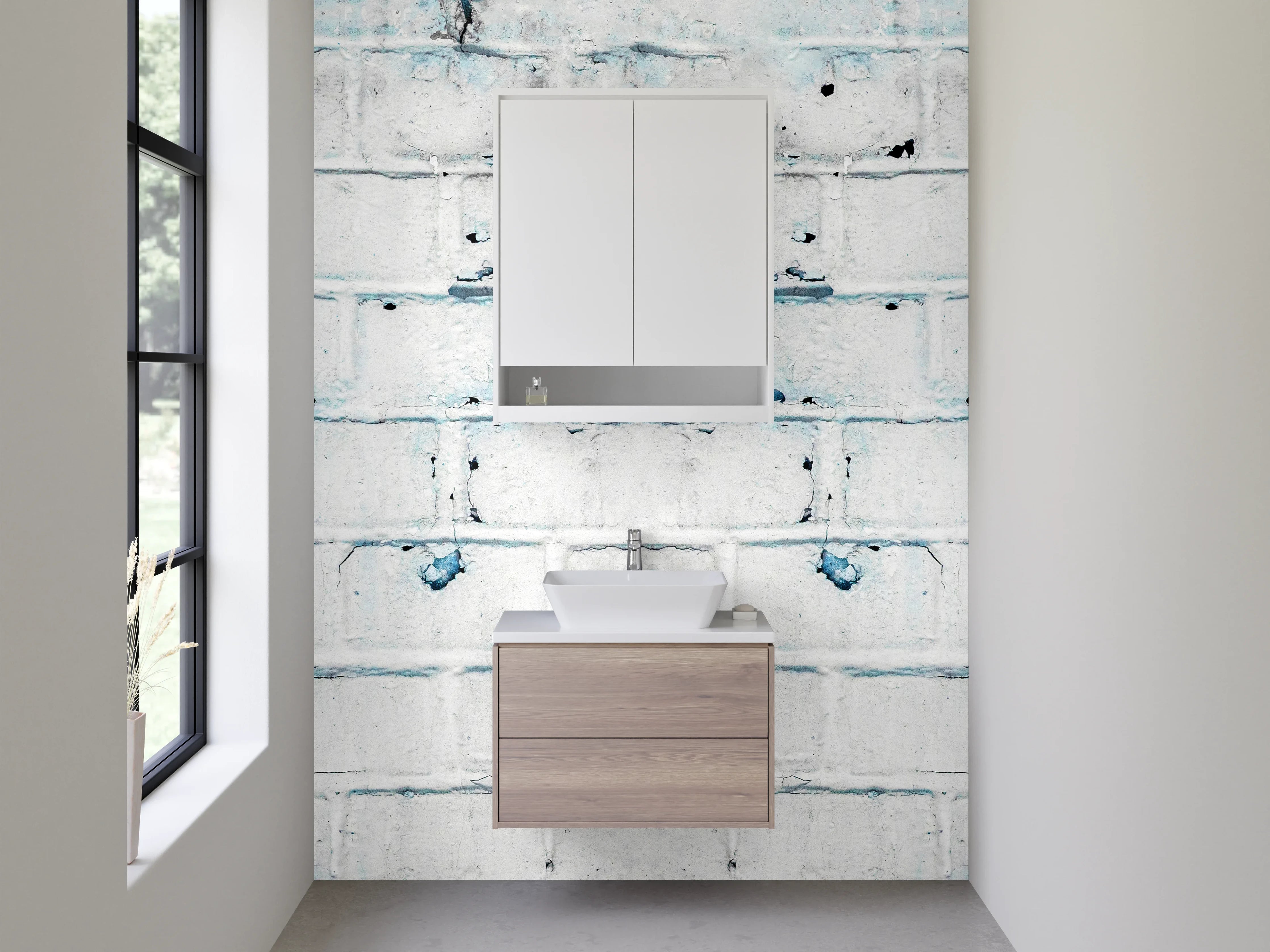Waschbecken-Rückwand - Weiße Backsteinwand mit Vintage-Blau