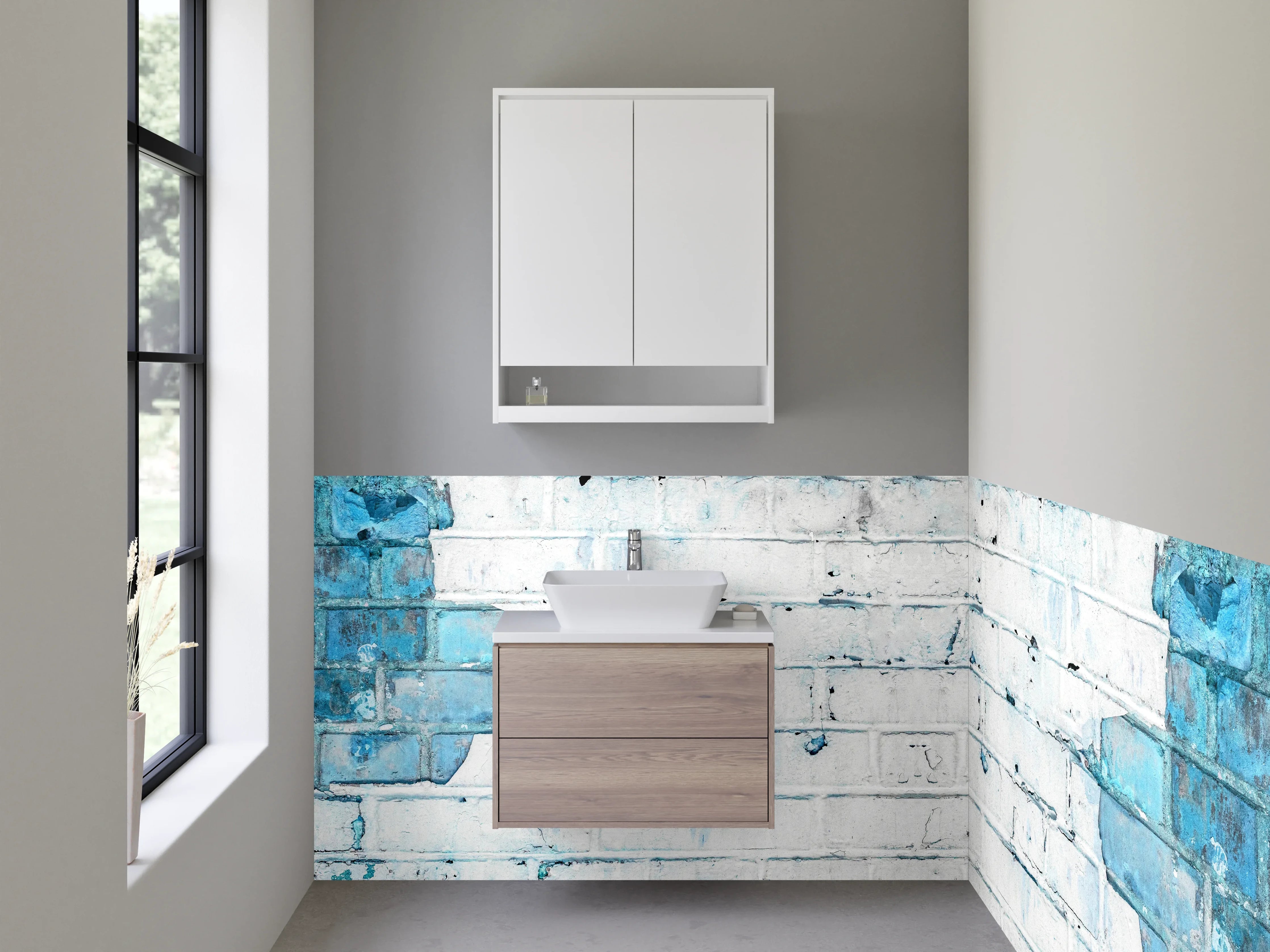Waschbecken-Rückwand - Weiße Backsteinwand mit Vintage-Blau