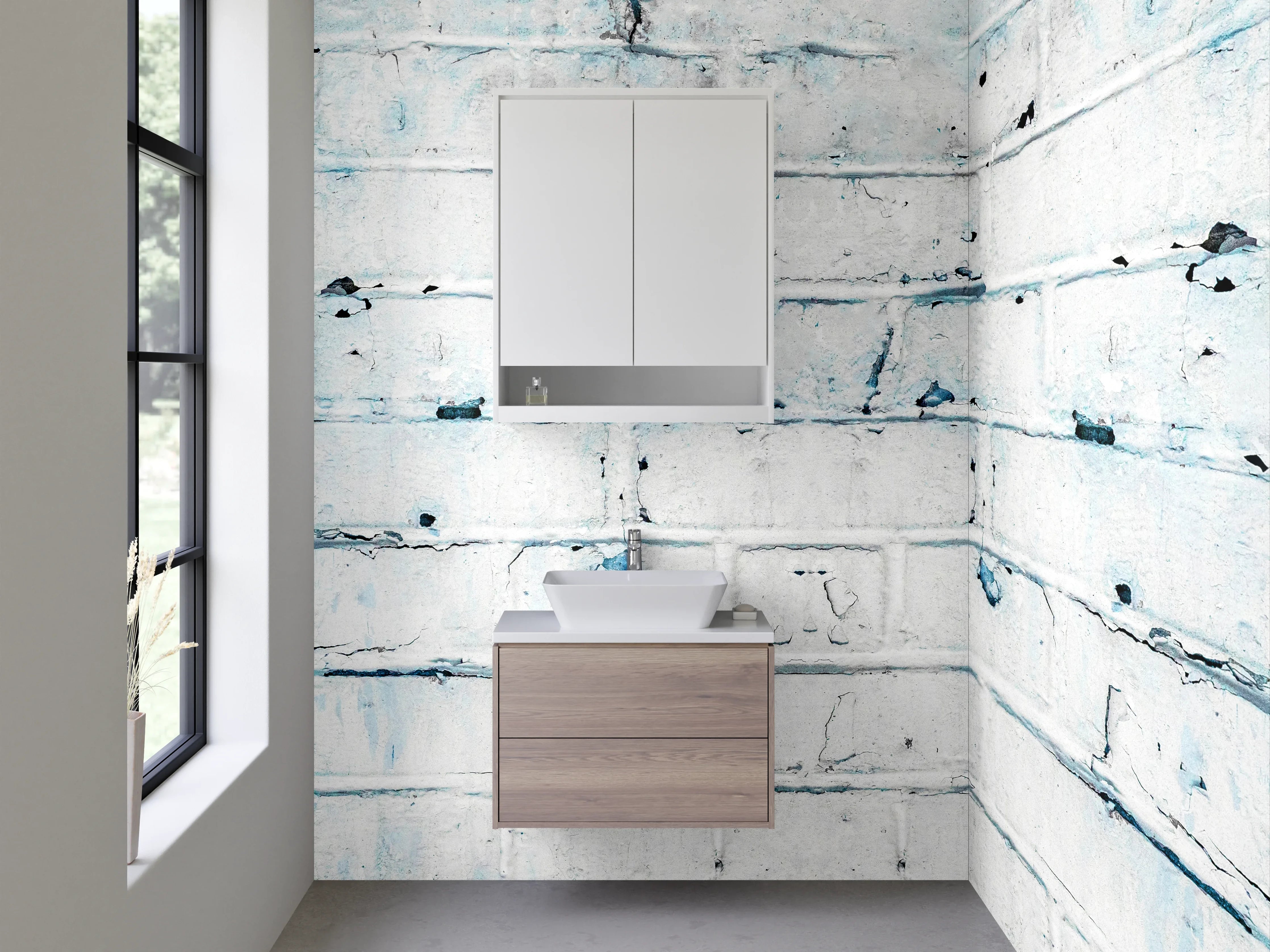 Waschbecken-Rückwand - Weiße Backsteinwand mit Vintage-Blau