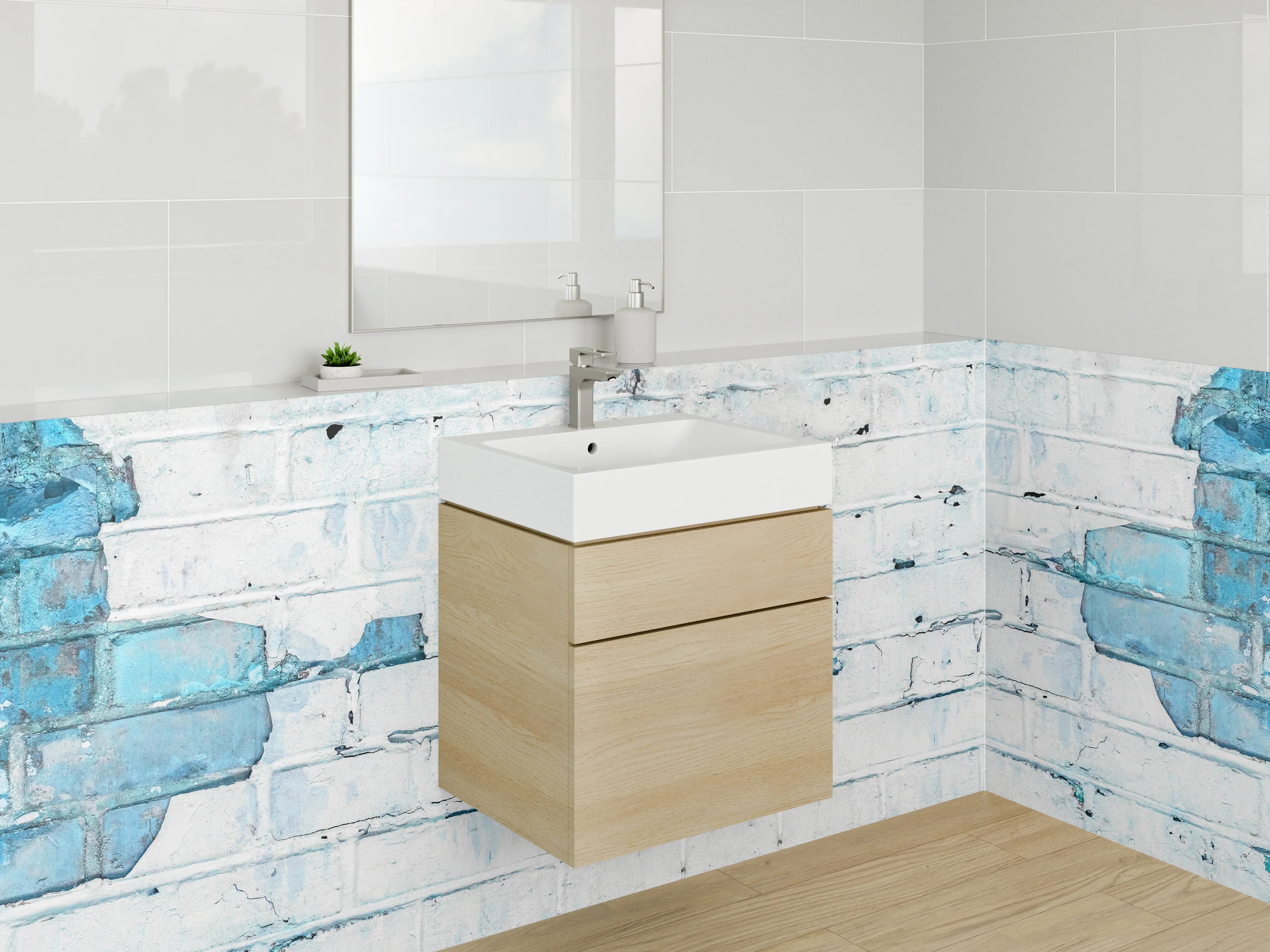 Waschbecken-Rückwand - Weiße Backsteinwand mit Vintage-Blau