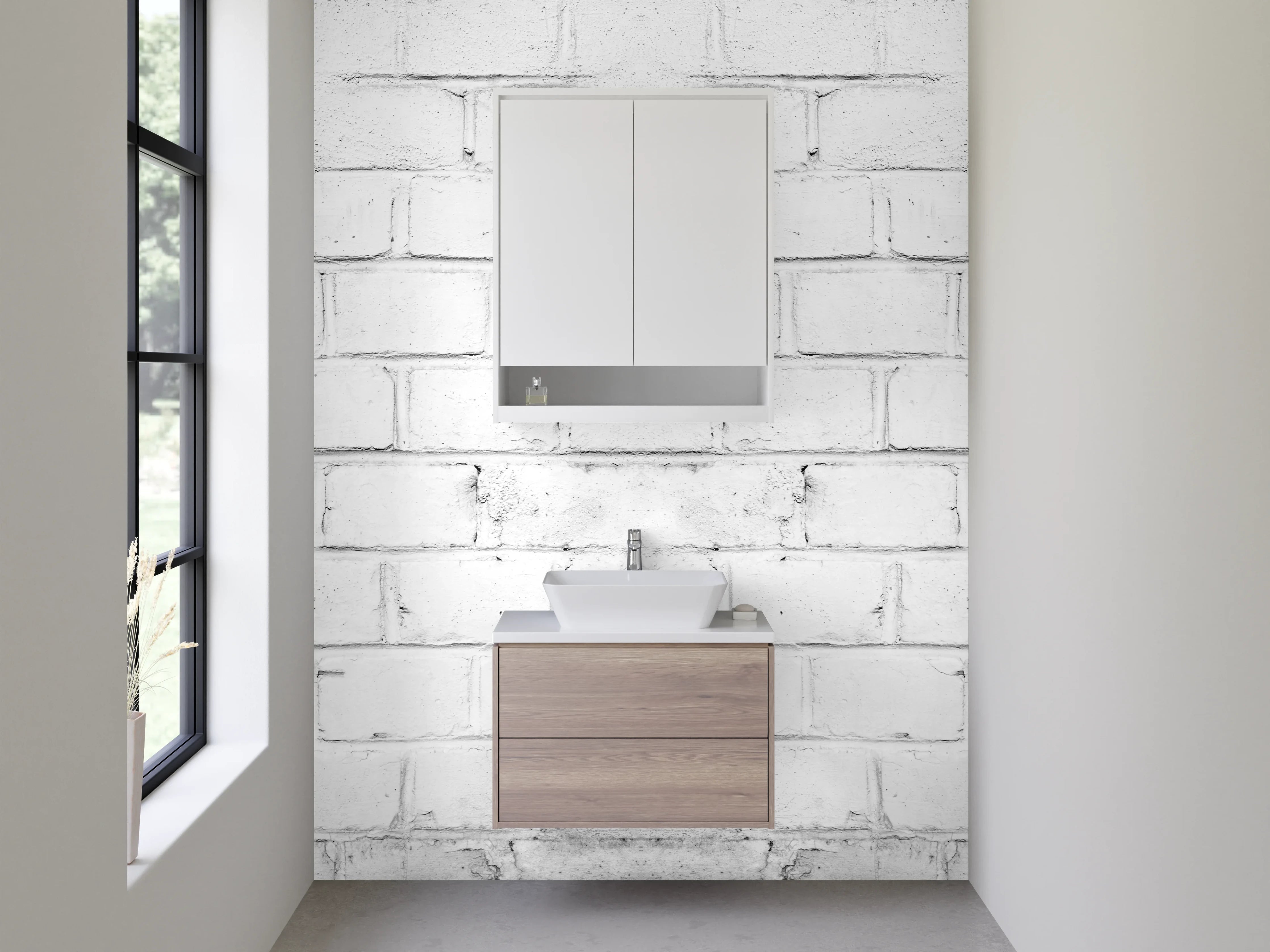 Waschbecken-Rückwand - Weiße Backsteinwand mit sanften Grautönen