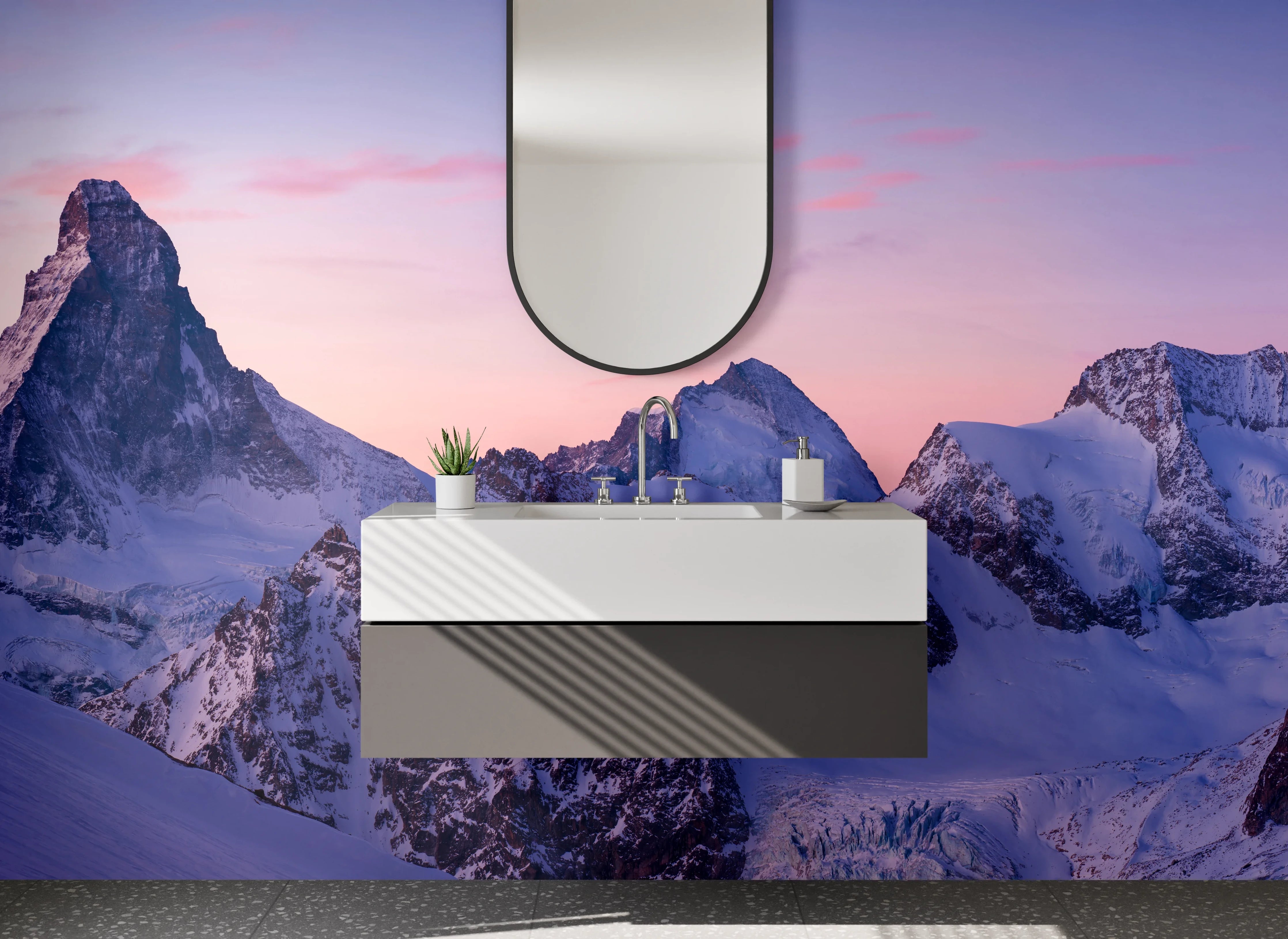 Waschbecken-Rückwand - Weiße Berge mit Grautönen