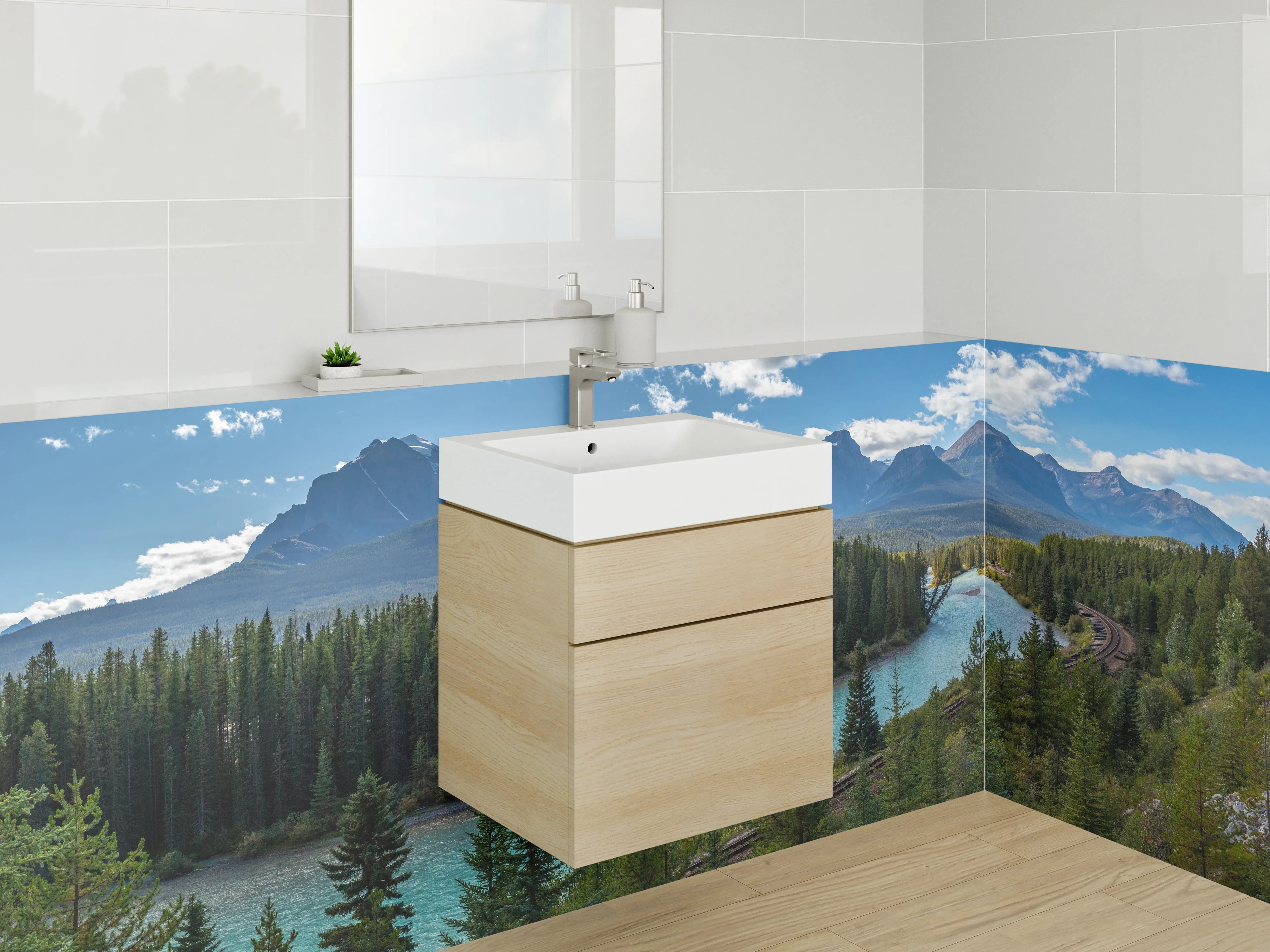 Waschbecken-Rückwand - Weiße Berge mit Wasser
