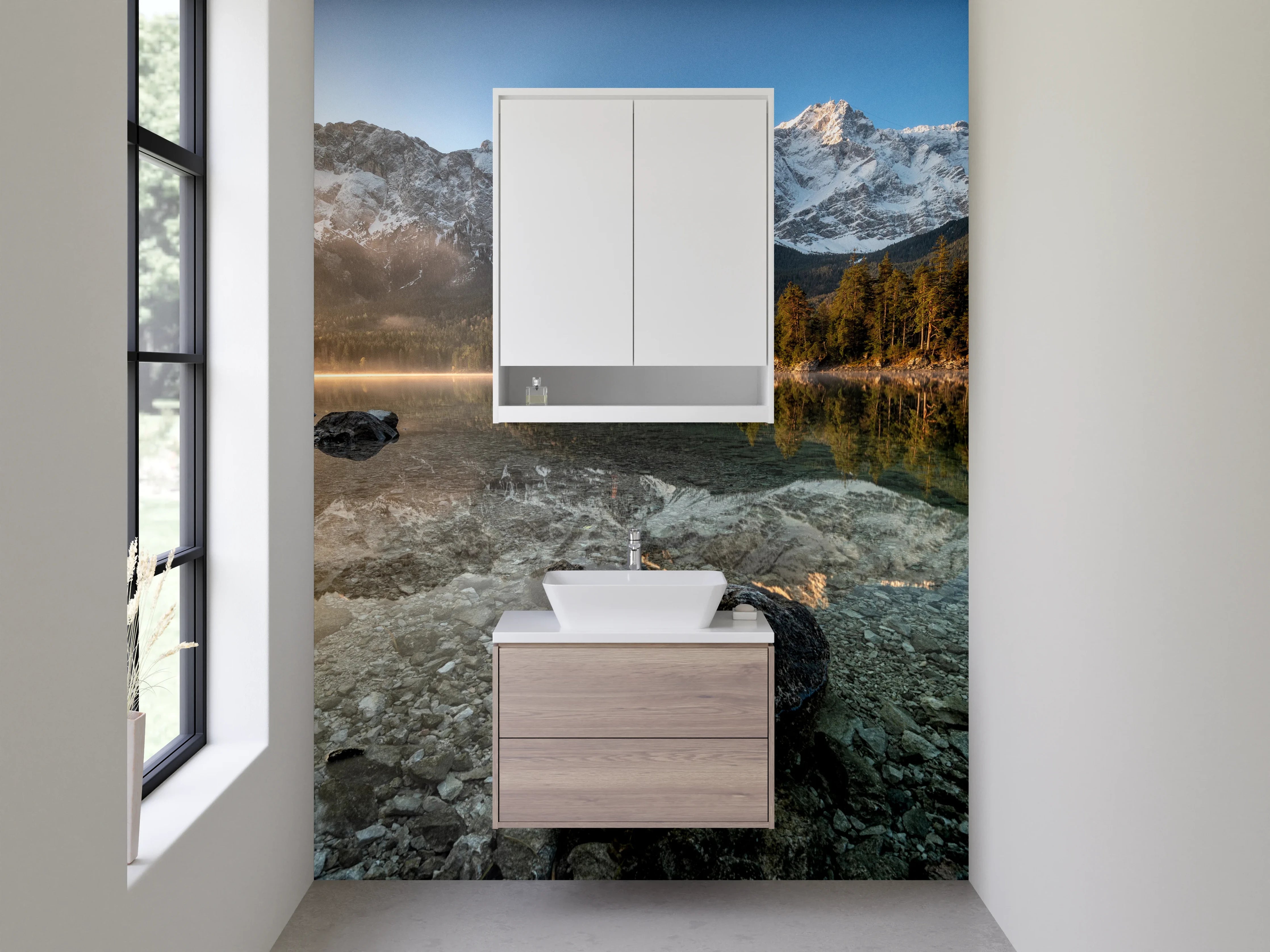 Waschbecken-Rückwand - Weiße Bergkulisse mit Alpensee