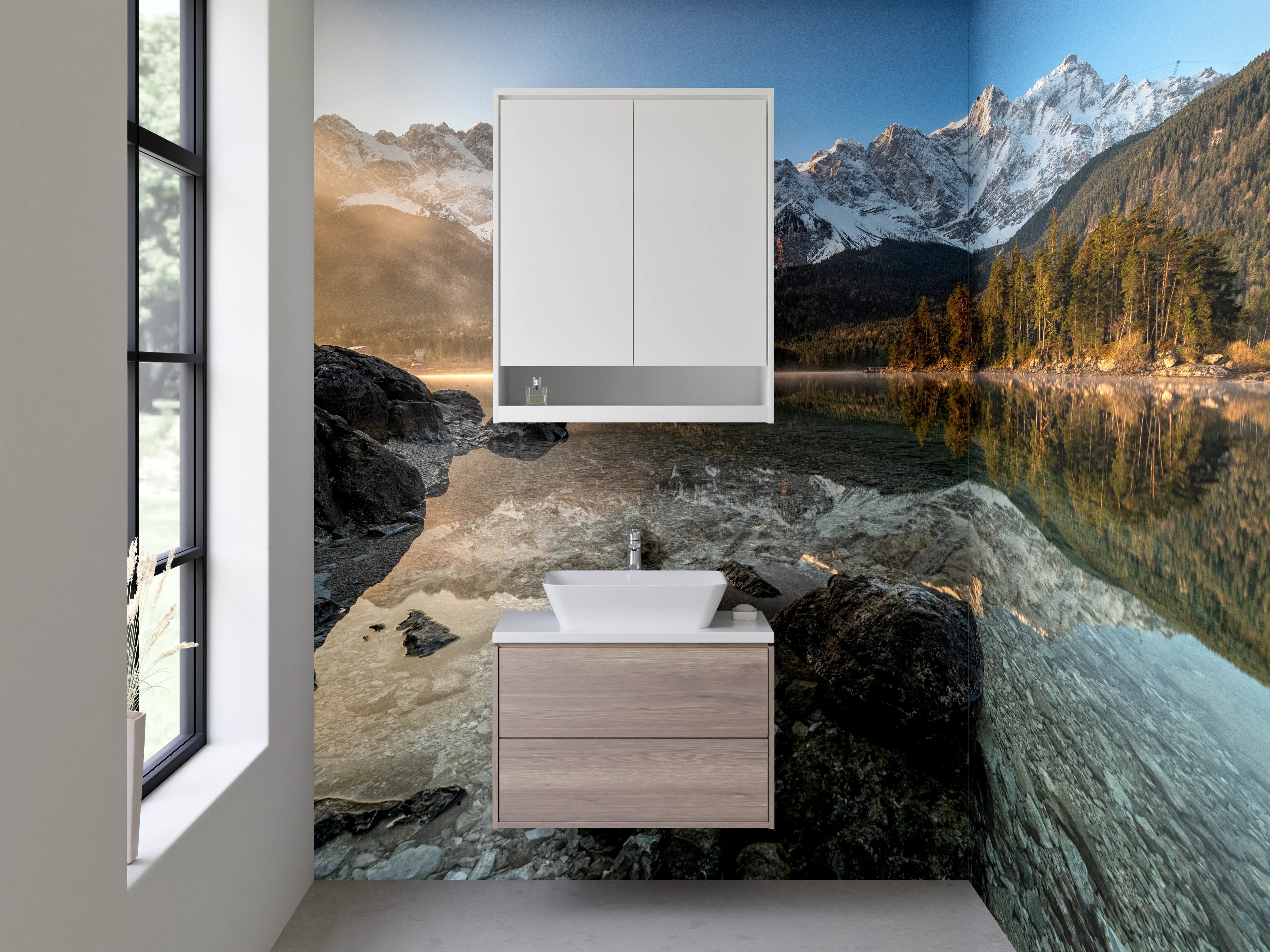 Waschbecken-Rückwand - Weiße Bergkulisse mit Alpensee