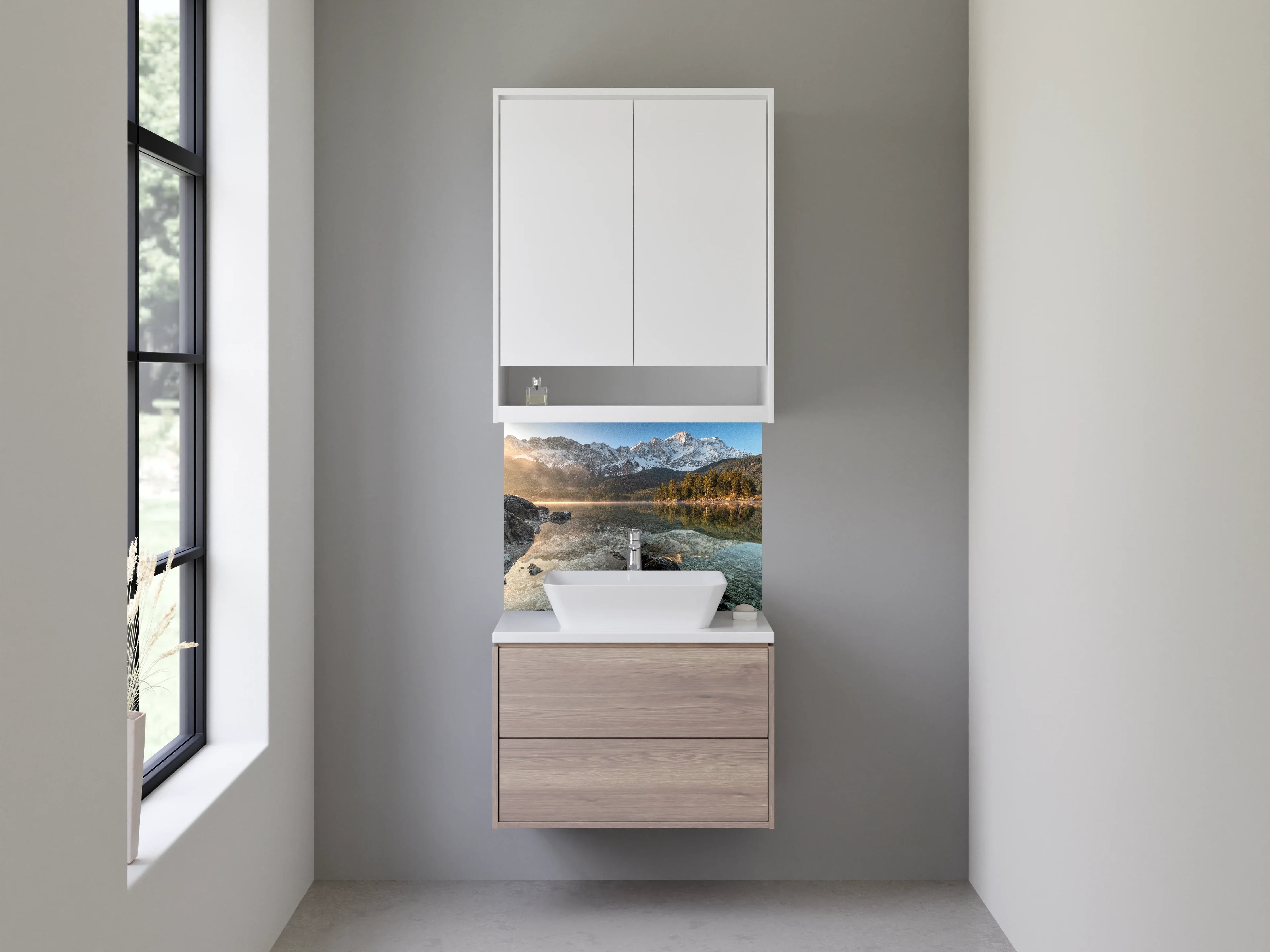 Waschbecken-Rückwand - Weiße Bergkulisse mit Alpensee