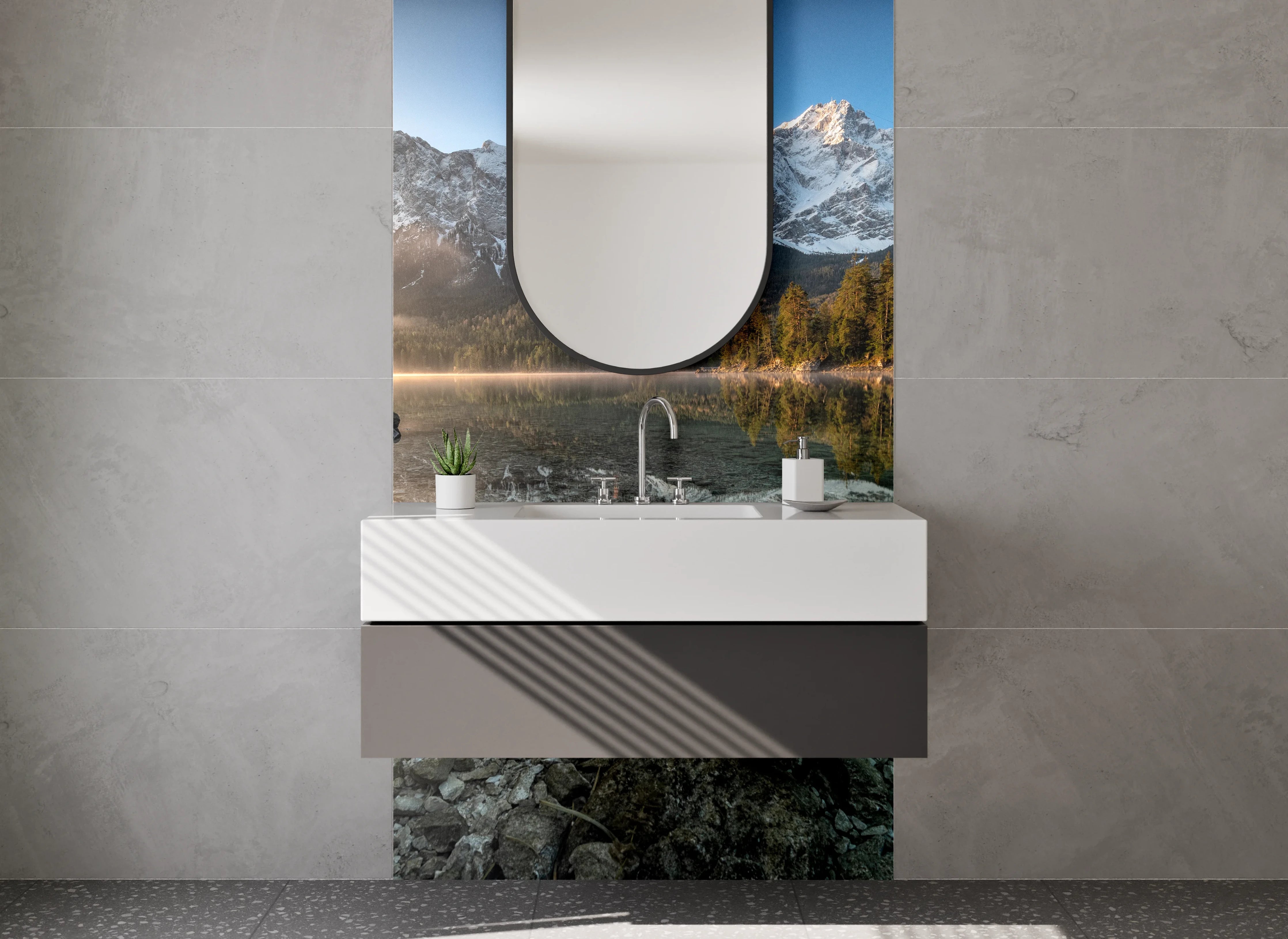 Waschbecken-Rückwand - Weiße Bergkulisse mit Alpensee