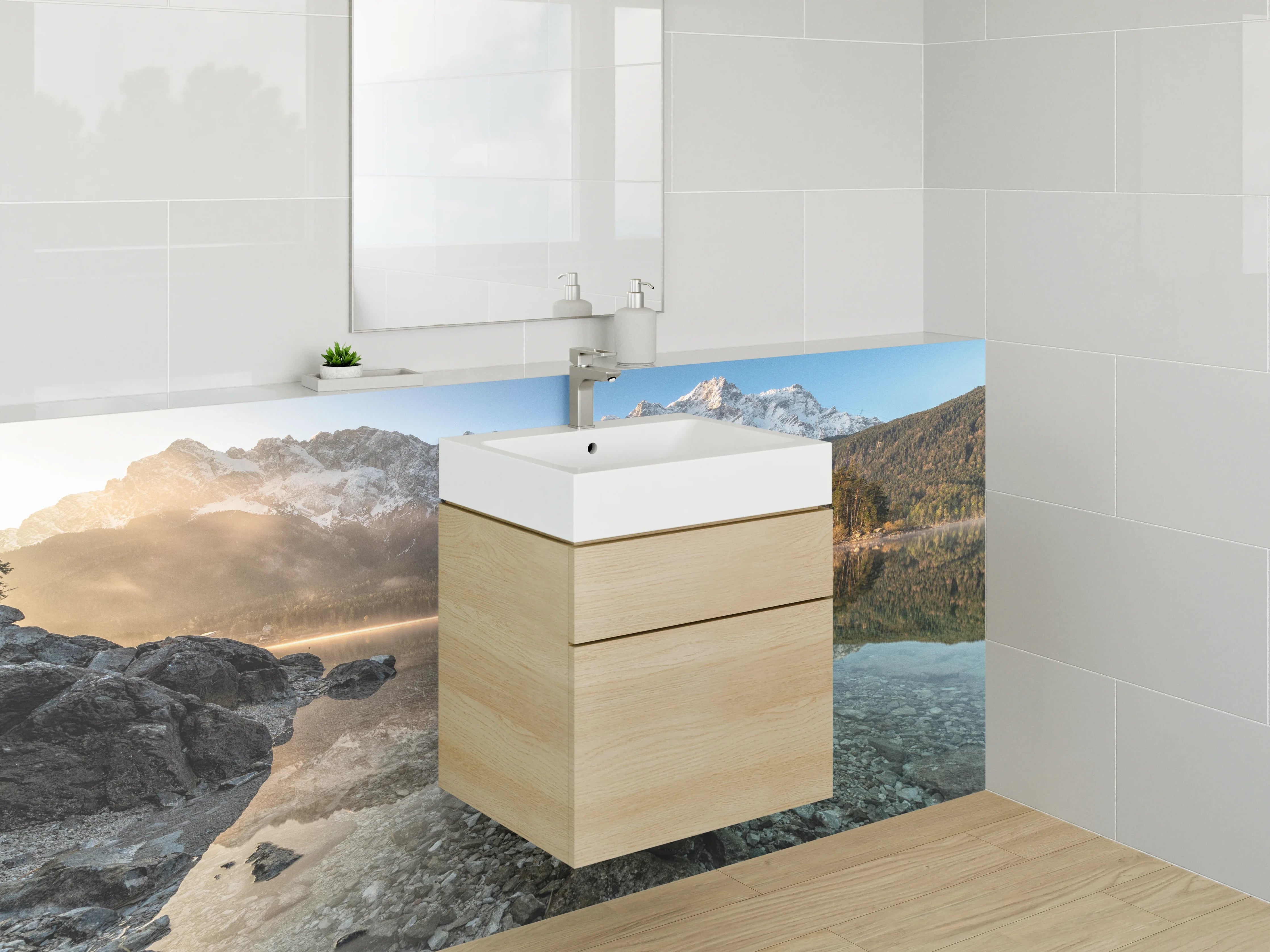 Waschbecken-Rückwand - Weiße Bergkulisse mit Alpensee