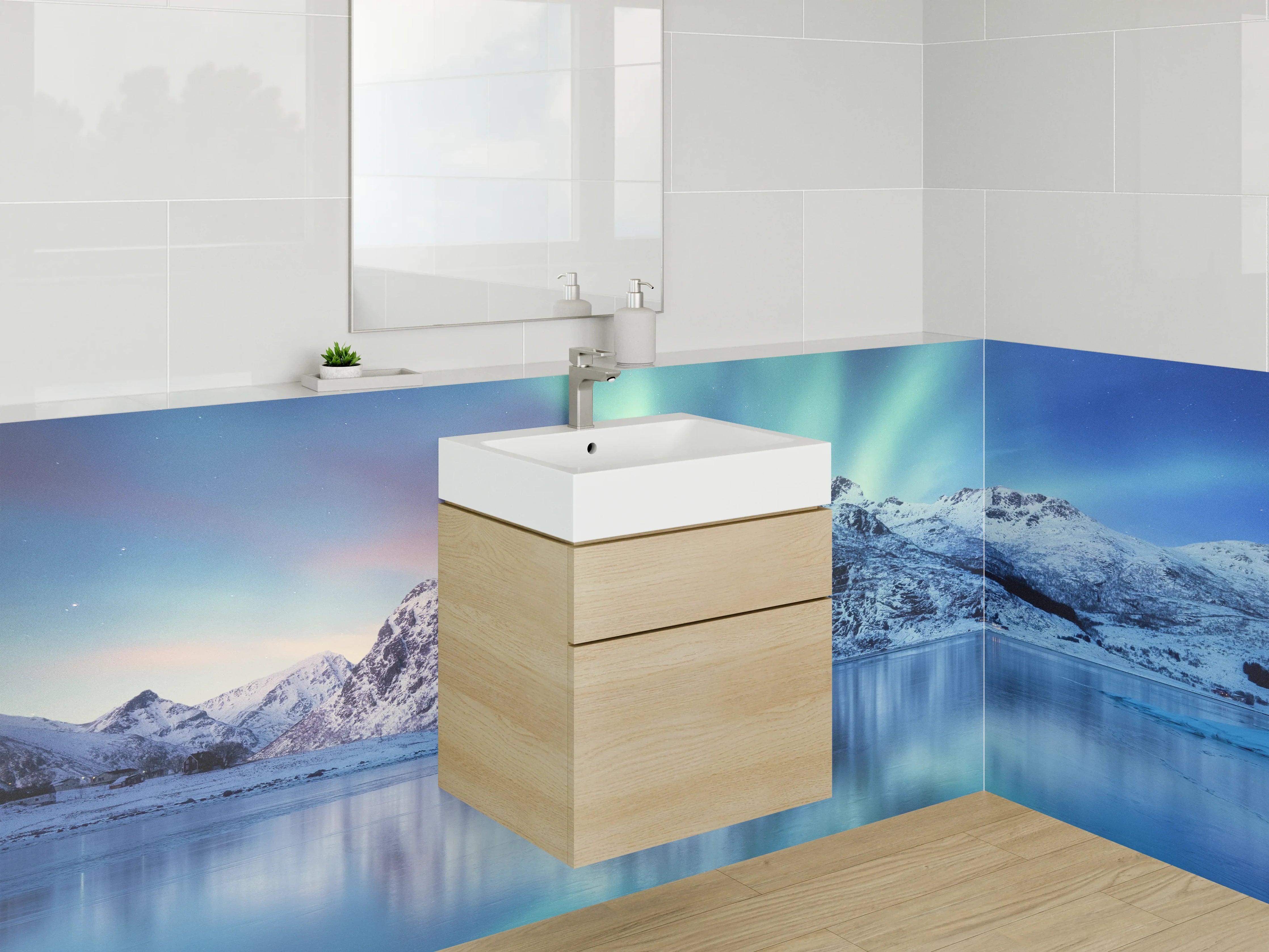 Waschbecken-Rückwand - Weiße Berglandschaft mit Nordlichtern