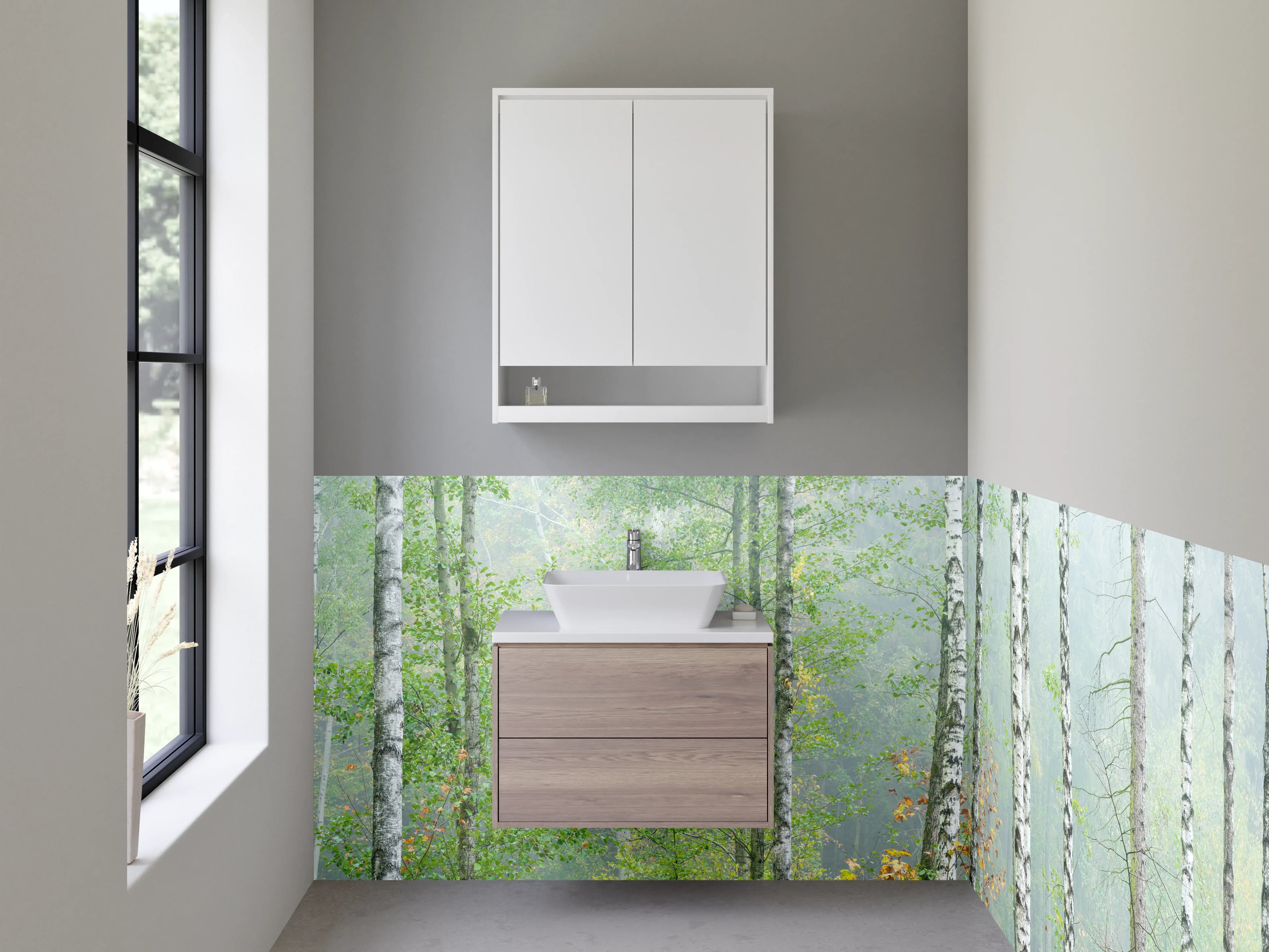 Waschbecken-Rückwand - Weiße Birken im Nebel